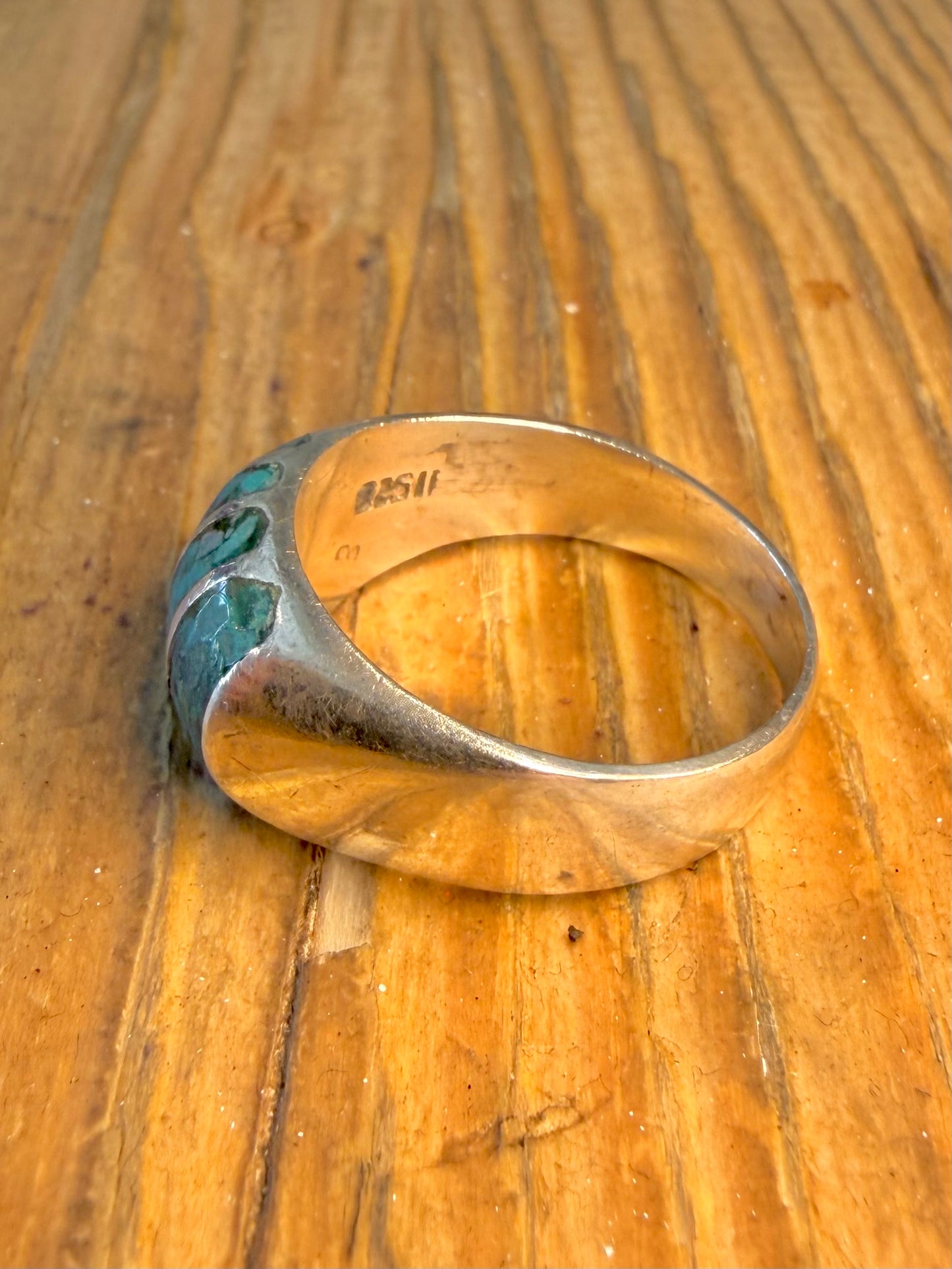 Chunky Turquoise Inlay Mexico 925 Sterling Silver Size W Ring
