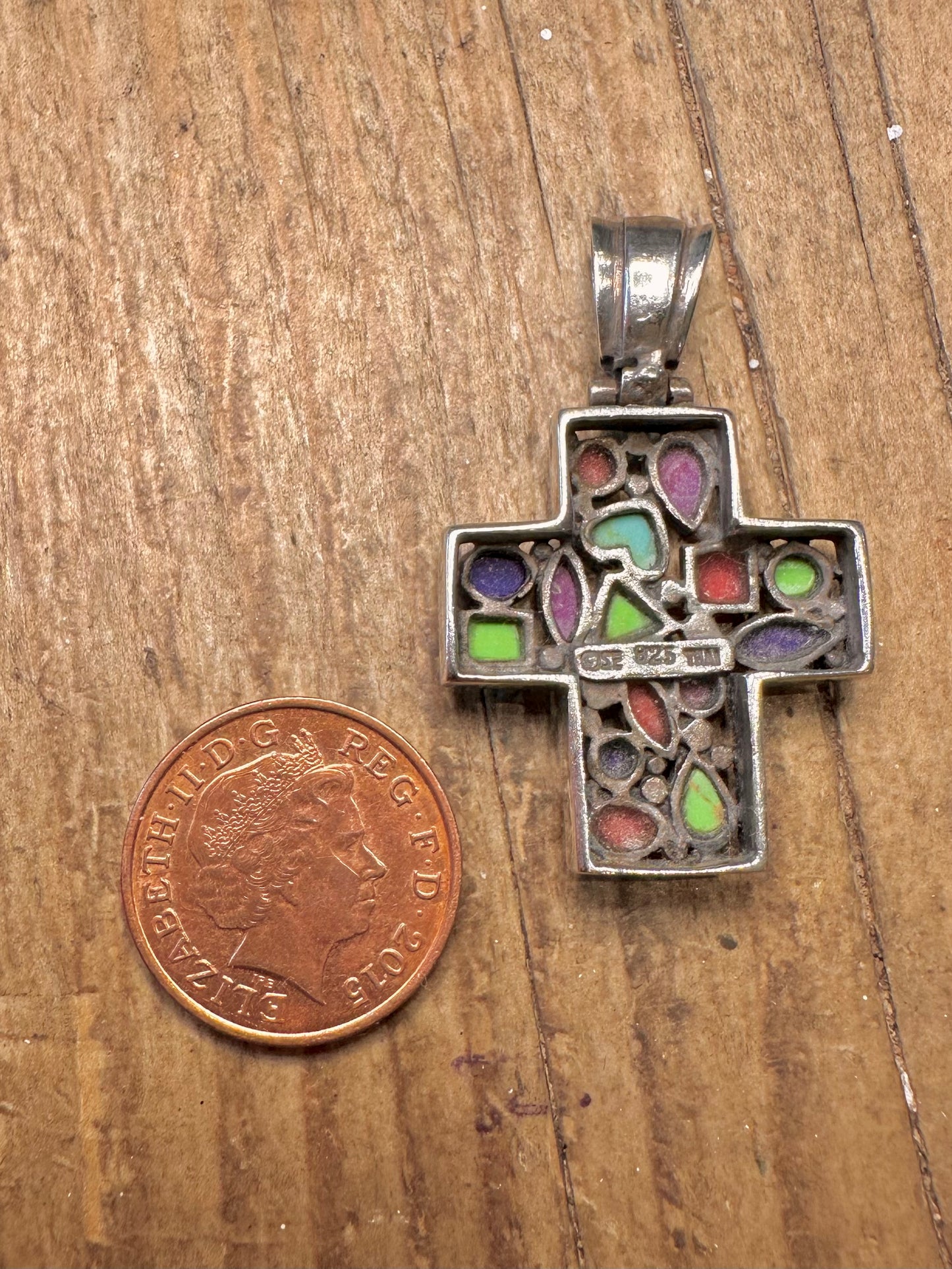 Multi Gemstone Cross Mosaic 925 Sterling Silver Pendant