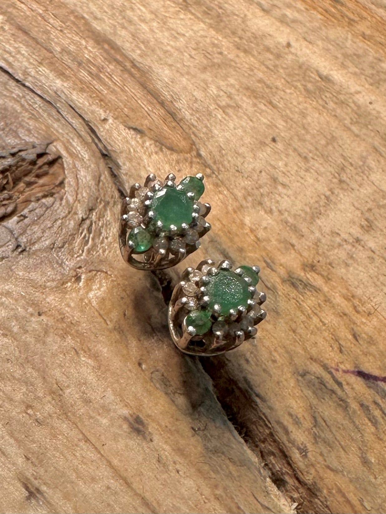 Vintage Emerald And White Stone 925 Silver Stud Earrings