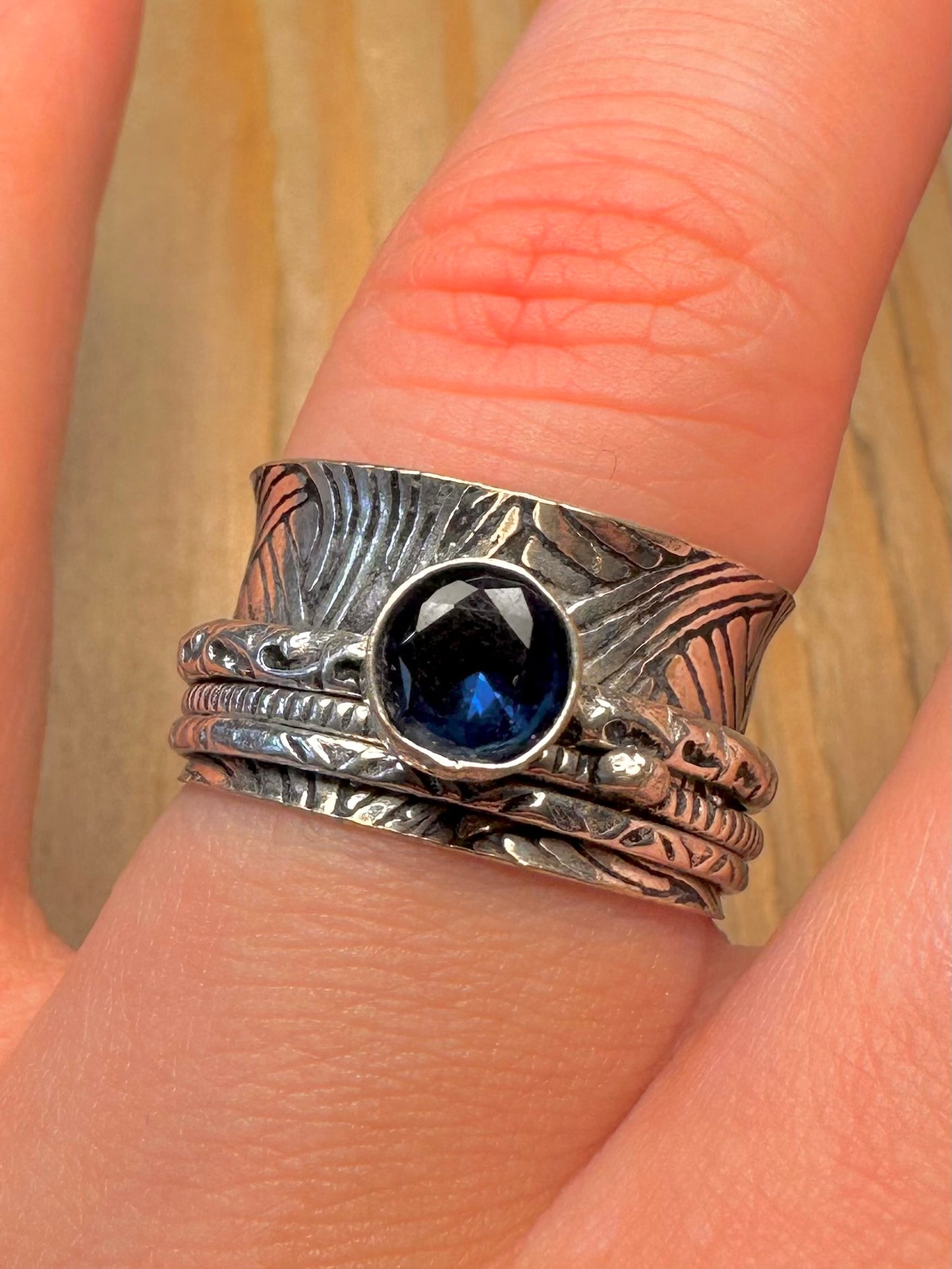 Vintage Blue Stone Engraved Spinner 925 Sterling Silver Size Q Ring