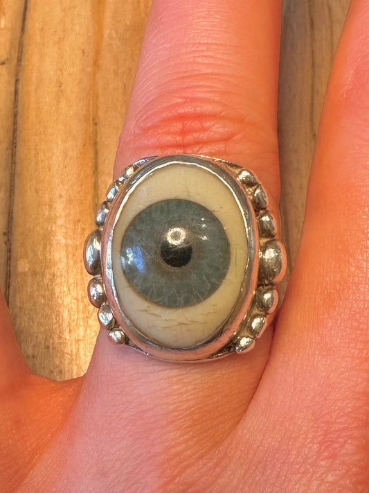 Vintage 1986 Realistic Eye Perlenkanten London 925 Sterling Silber Ring Größe P
