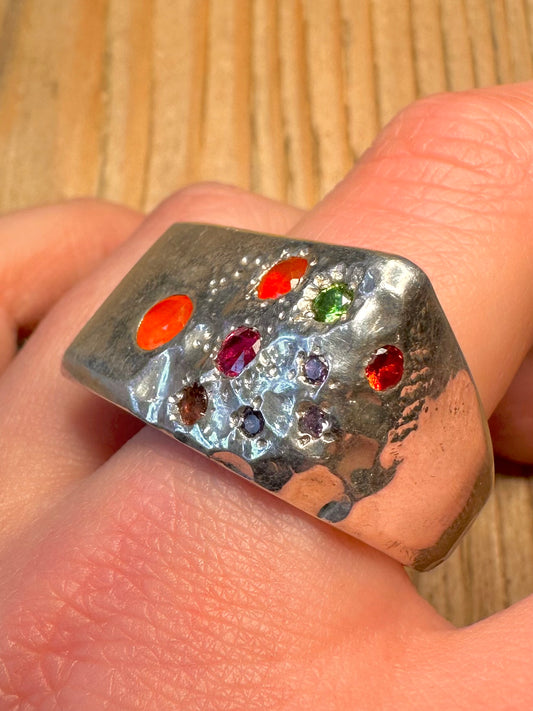 Modern 2025 Chunky Sunset Multi Gemstone Maker SAIT 925 Sterling Silver Size W Ring