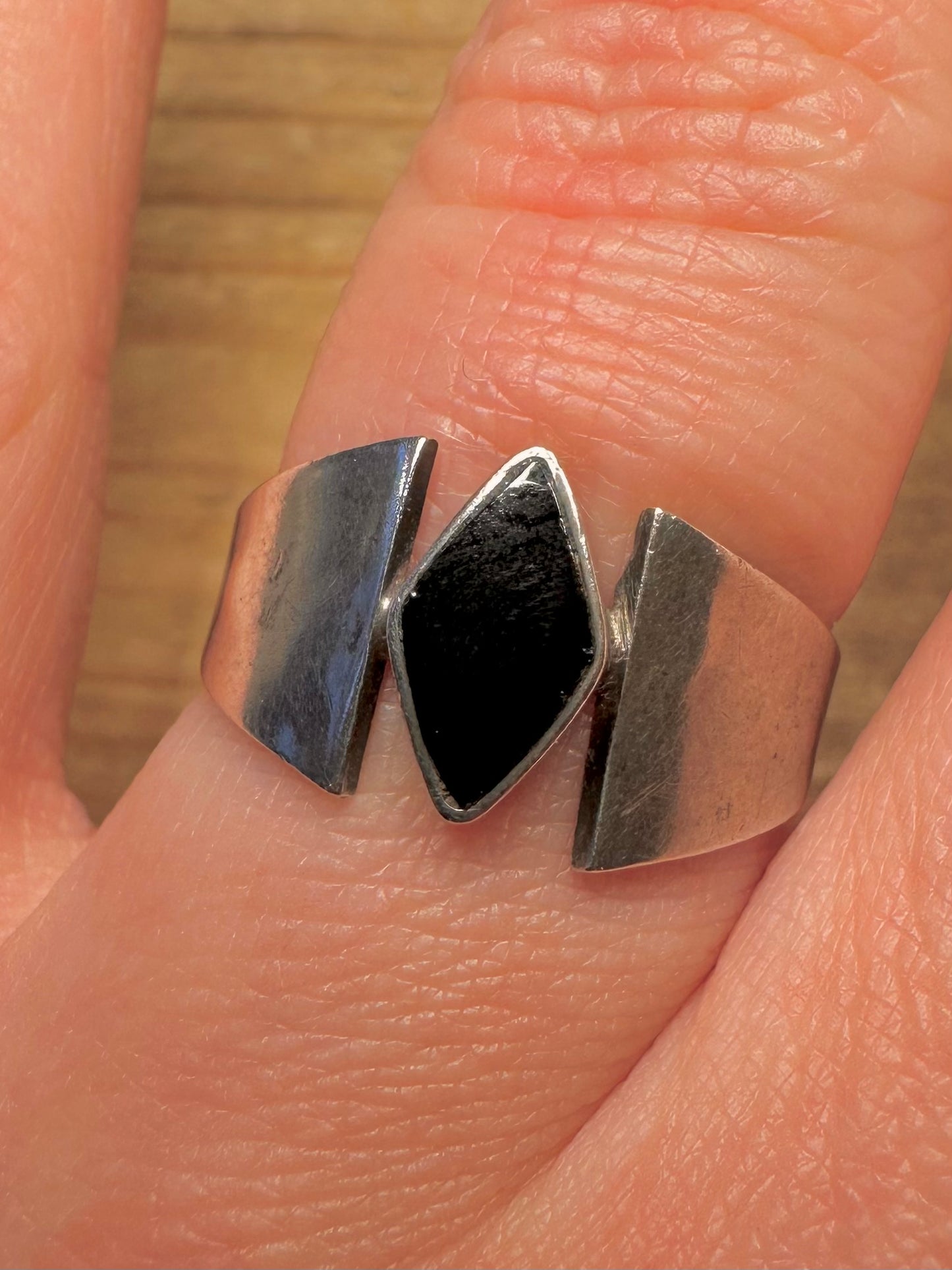 Abstract Black Onyx 925 Sterling Silver Size Q Ring