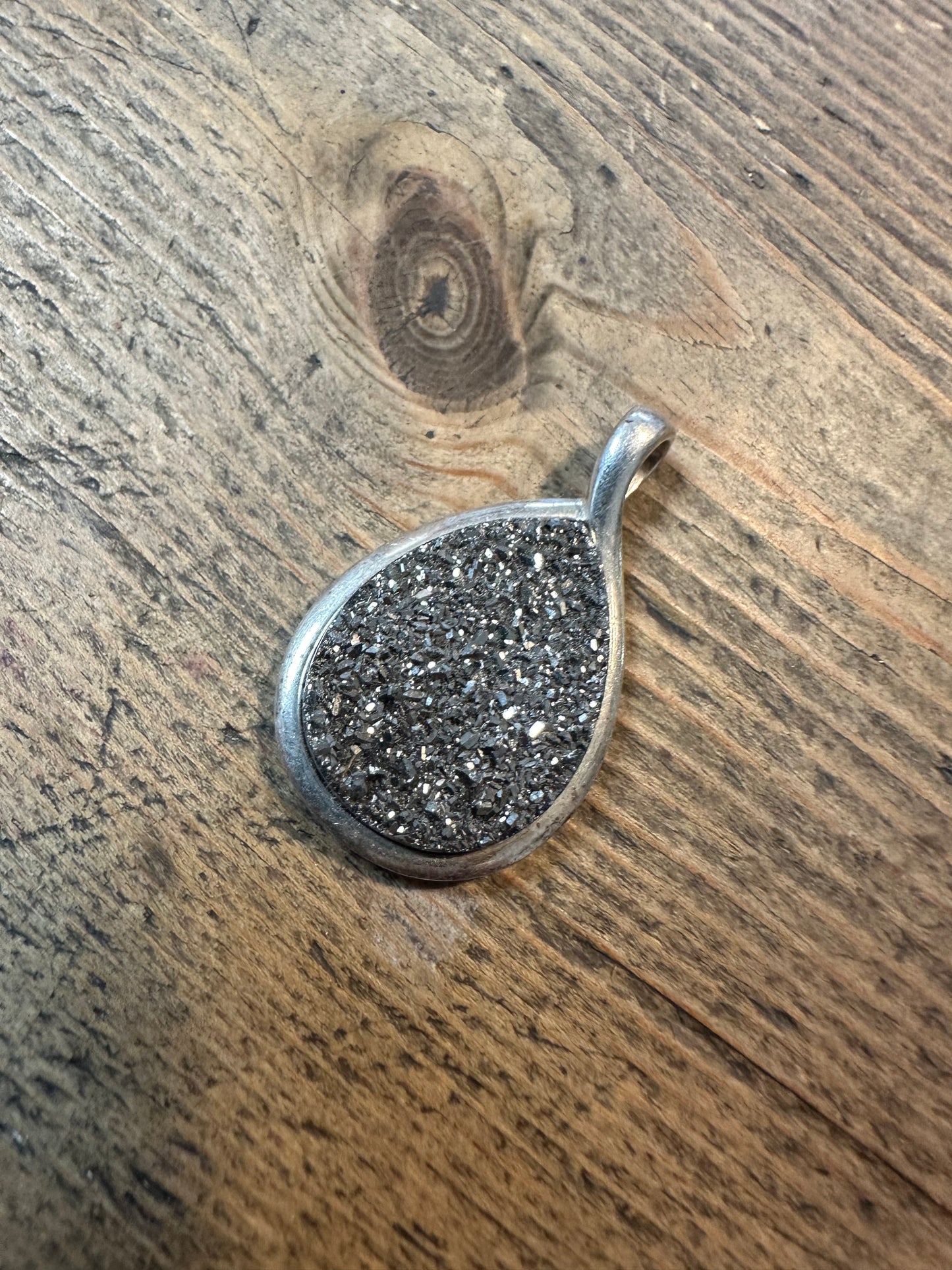 Modernist Black Druzy 925 Silver Pendant