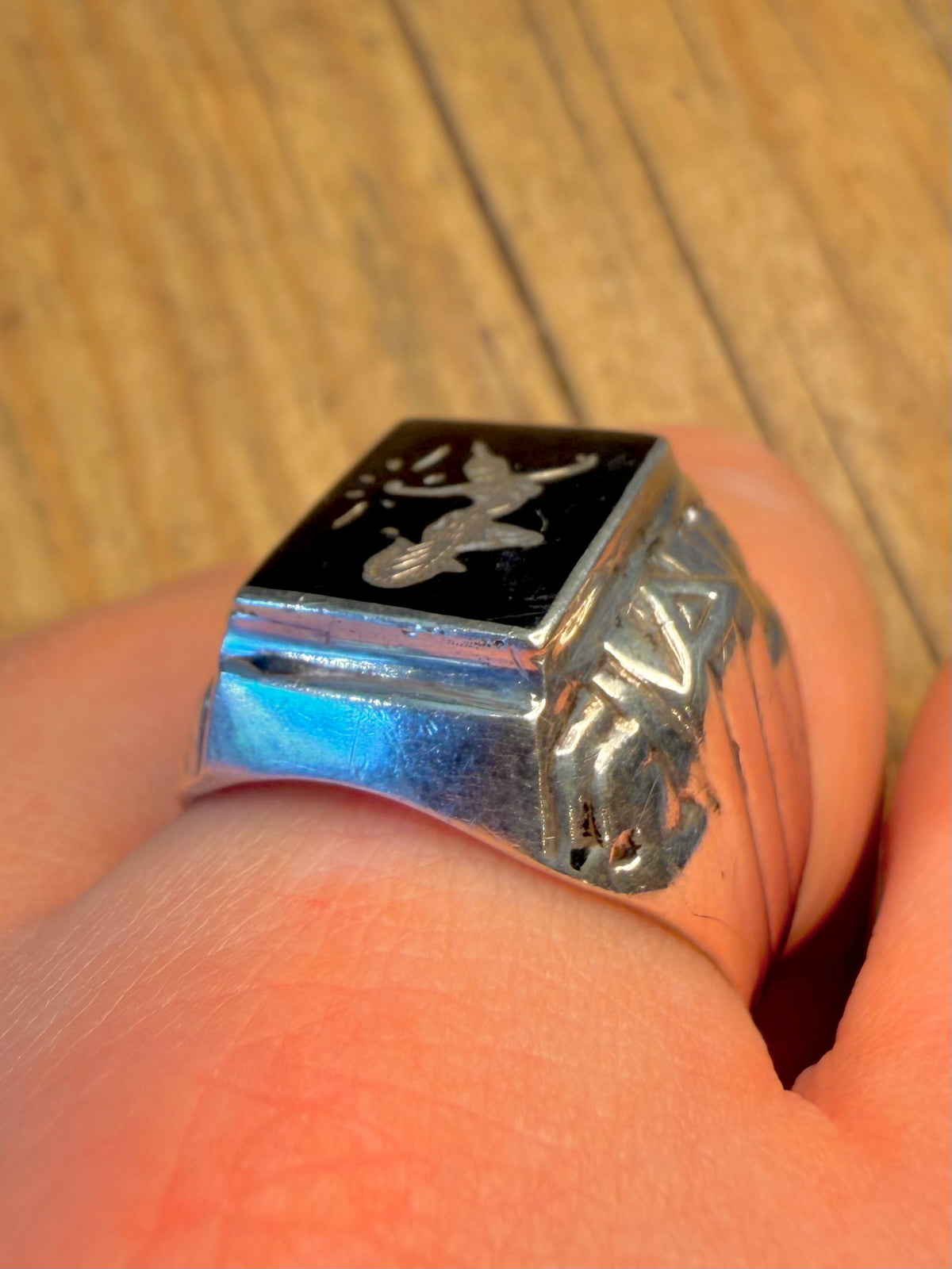 Siam Black Enamel Motif 925 Sterling Silver Size W1/2 Ring