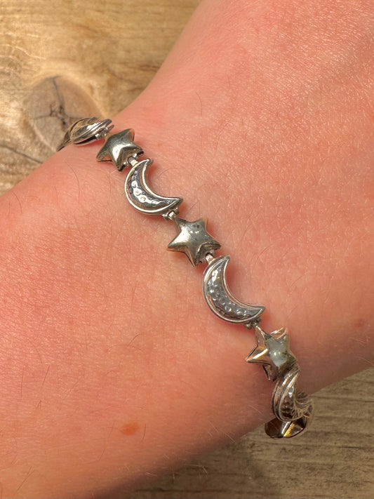Vintage Star and Moon 925 Silver Milor Italy 7.5 inch Bracelet