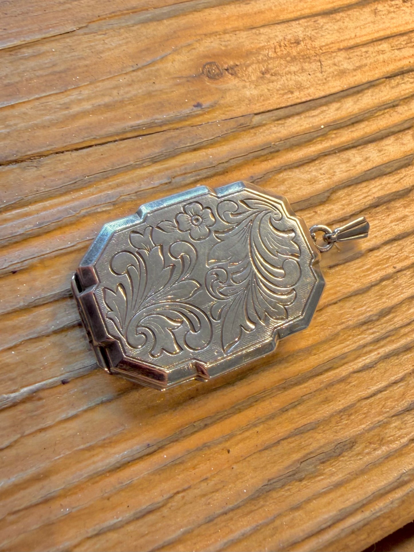 Rectangle Octagon Floral Engraved Locket 925 Sterling Silver Pendant