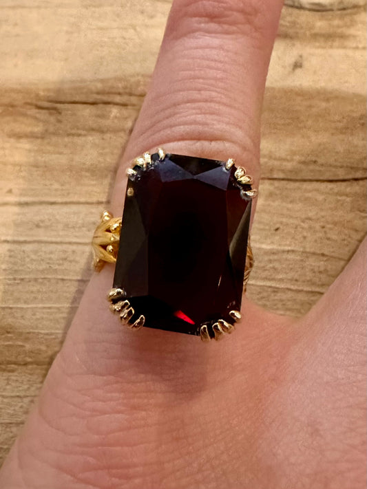 Ornate Large Red Stone Gold on 925 Silver Size J Ring