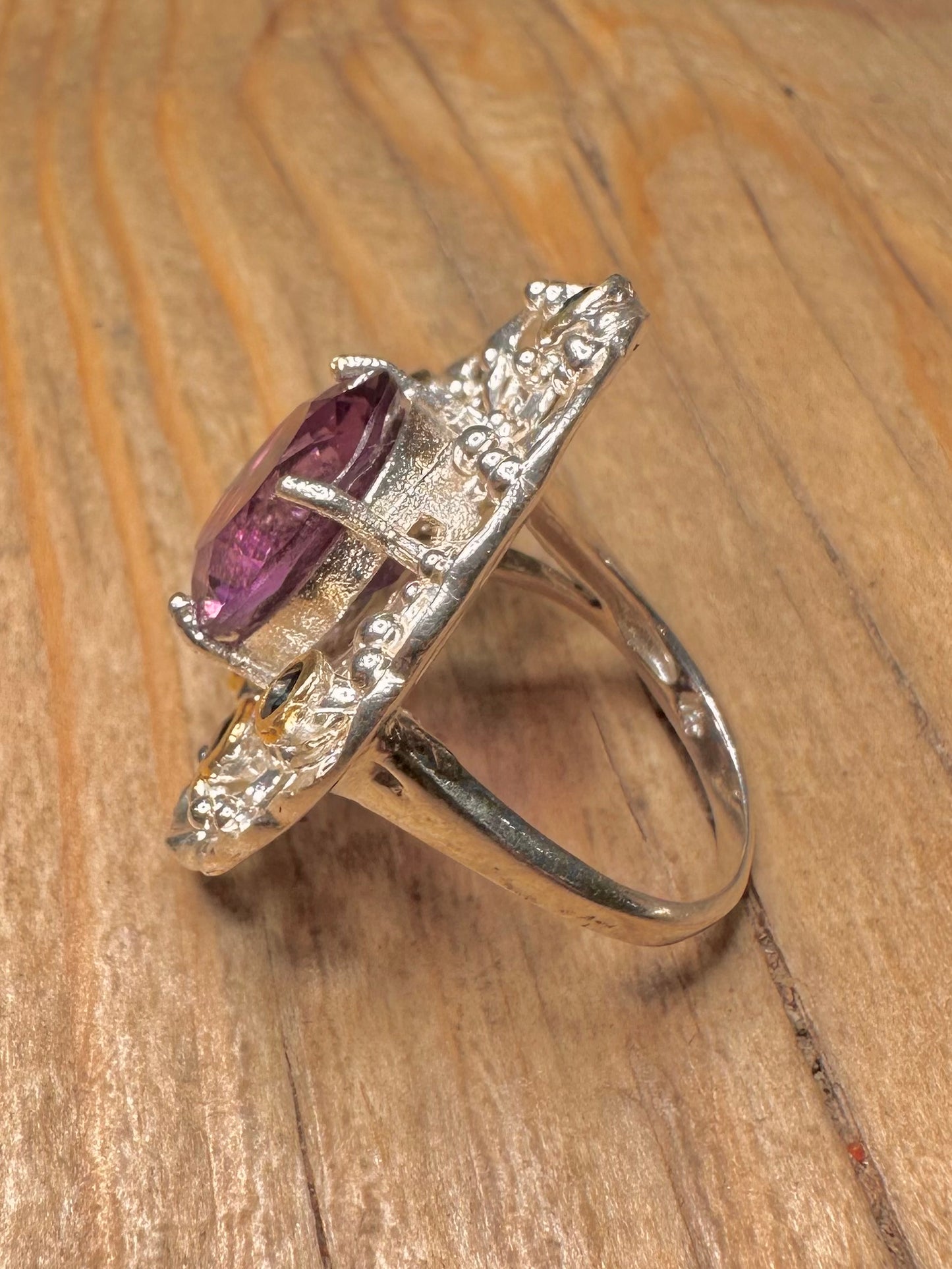 Modernist Abstract Purple Amethyst and Dark Blue Stone 925 Sterling Silver Size O Ring