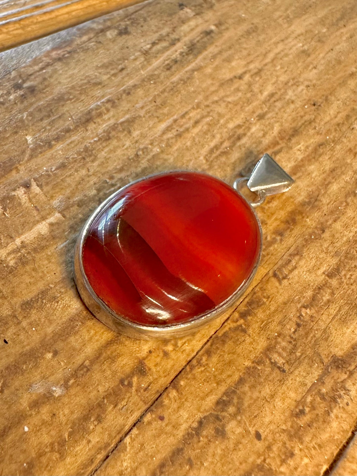 Oval Banded Agate Red and Orange 925 Sterling Silver Pendant