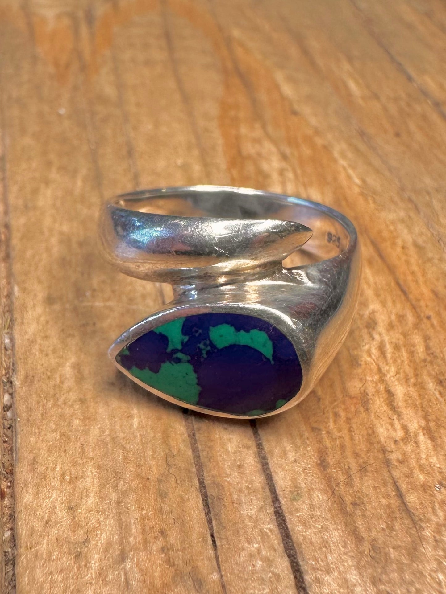 Abstract Azurite Malachite Overlapping 925 Sterling Silver Size N Ring