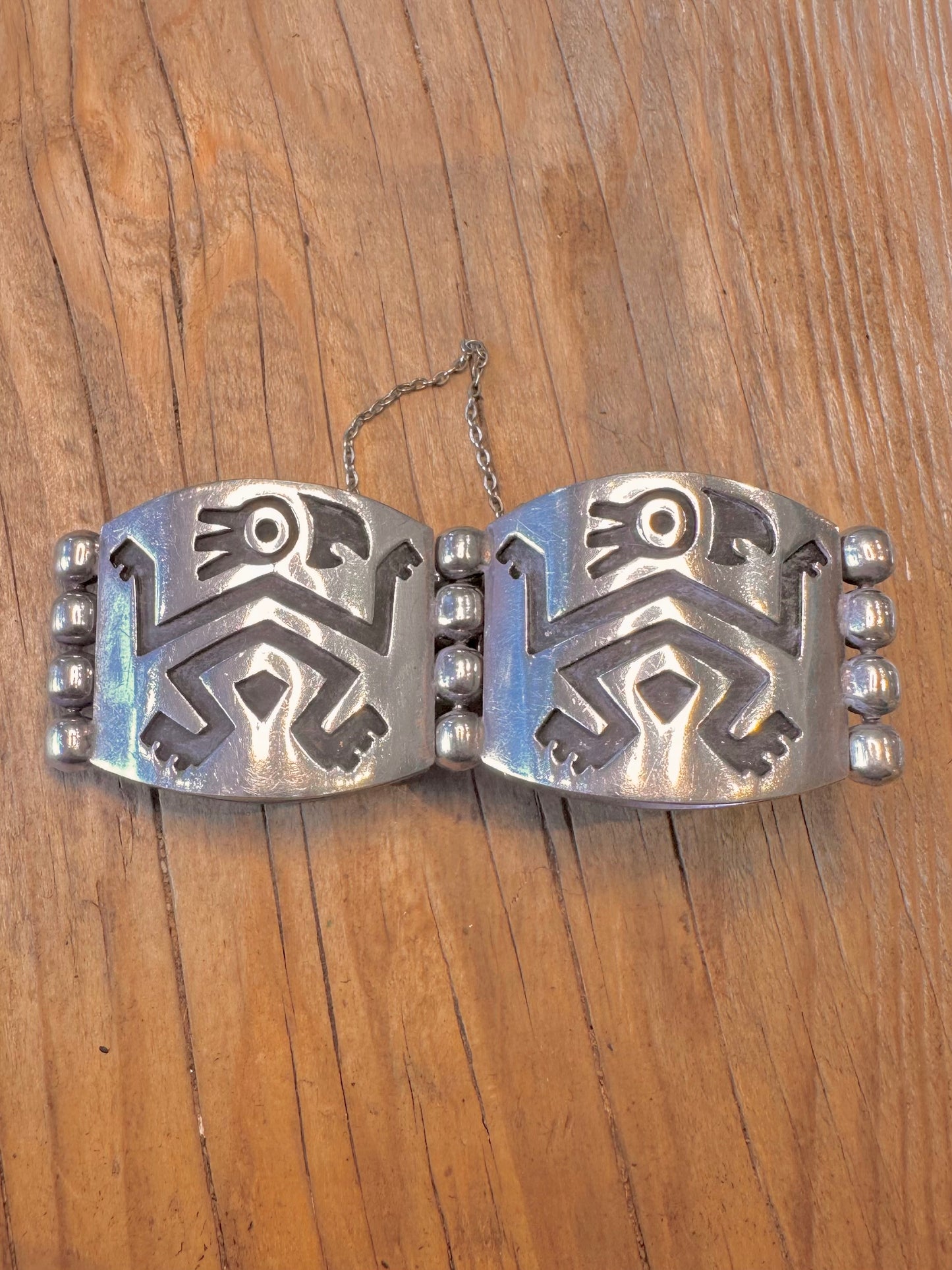 Vintage Mexican Tribal Figure Hinged with Safety Chain 925 Sterling Silver Bracelet