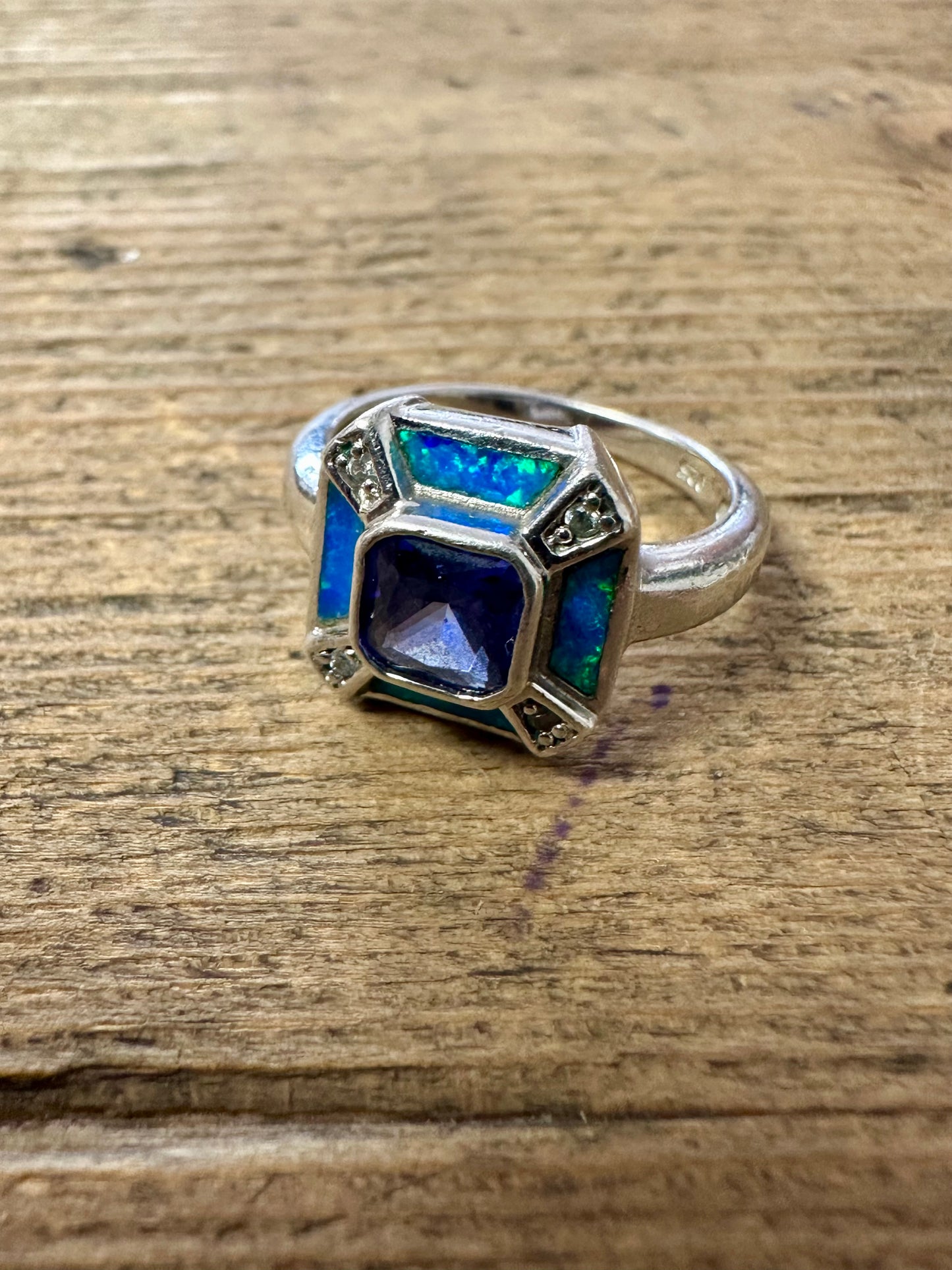 Modernist Blue CZ Blue Simulated Opal 925 Silver Size O Ring