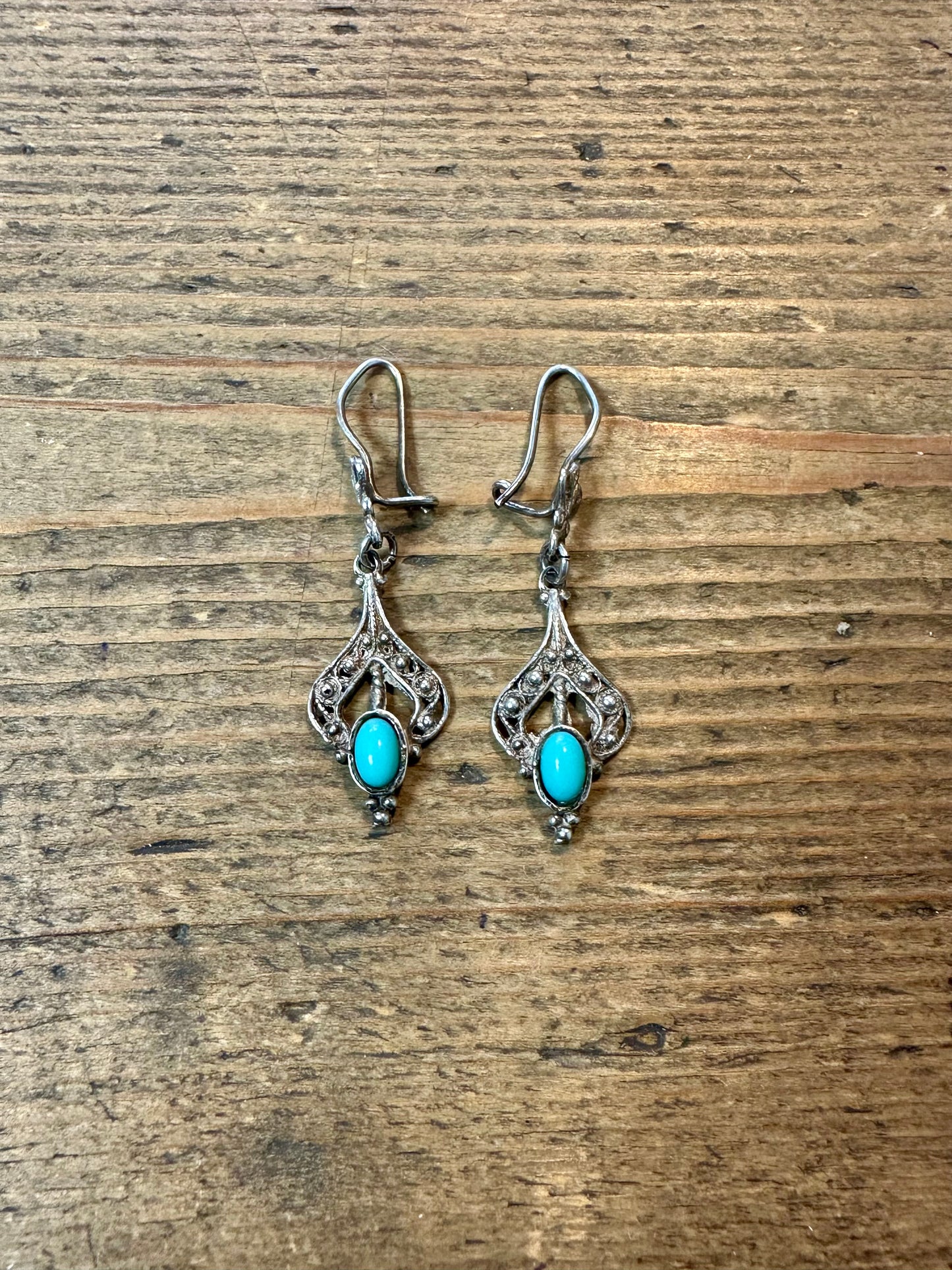 Vintage Blue Filigree Dangle 925 Silver Earrings