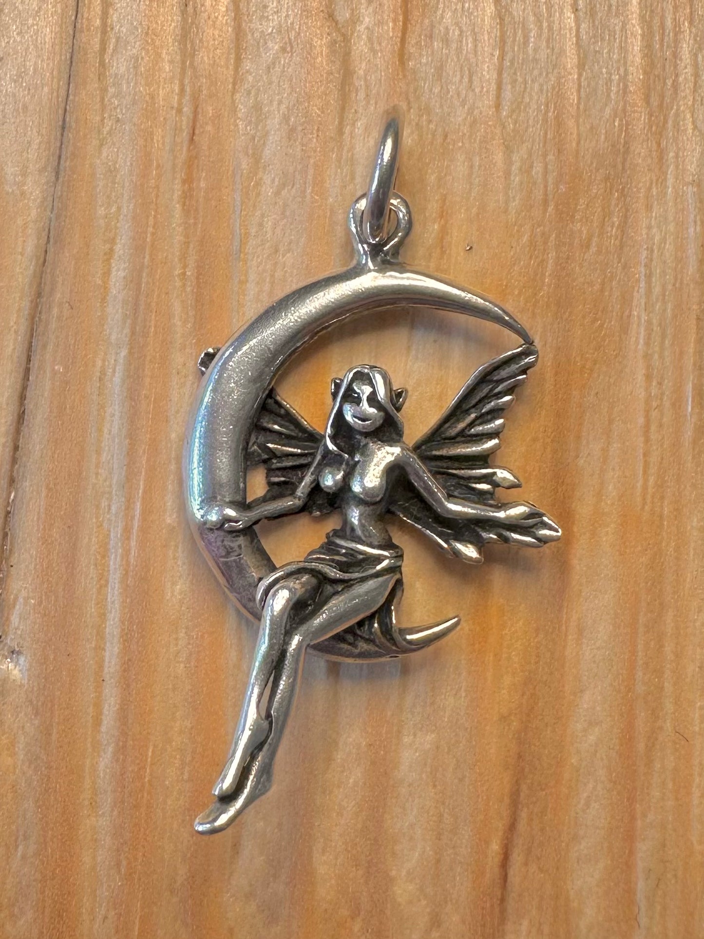 Vintage Fairy Sat on the Moon 925 Silver Pendant