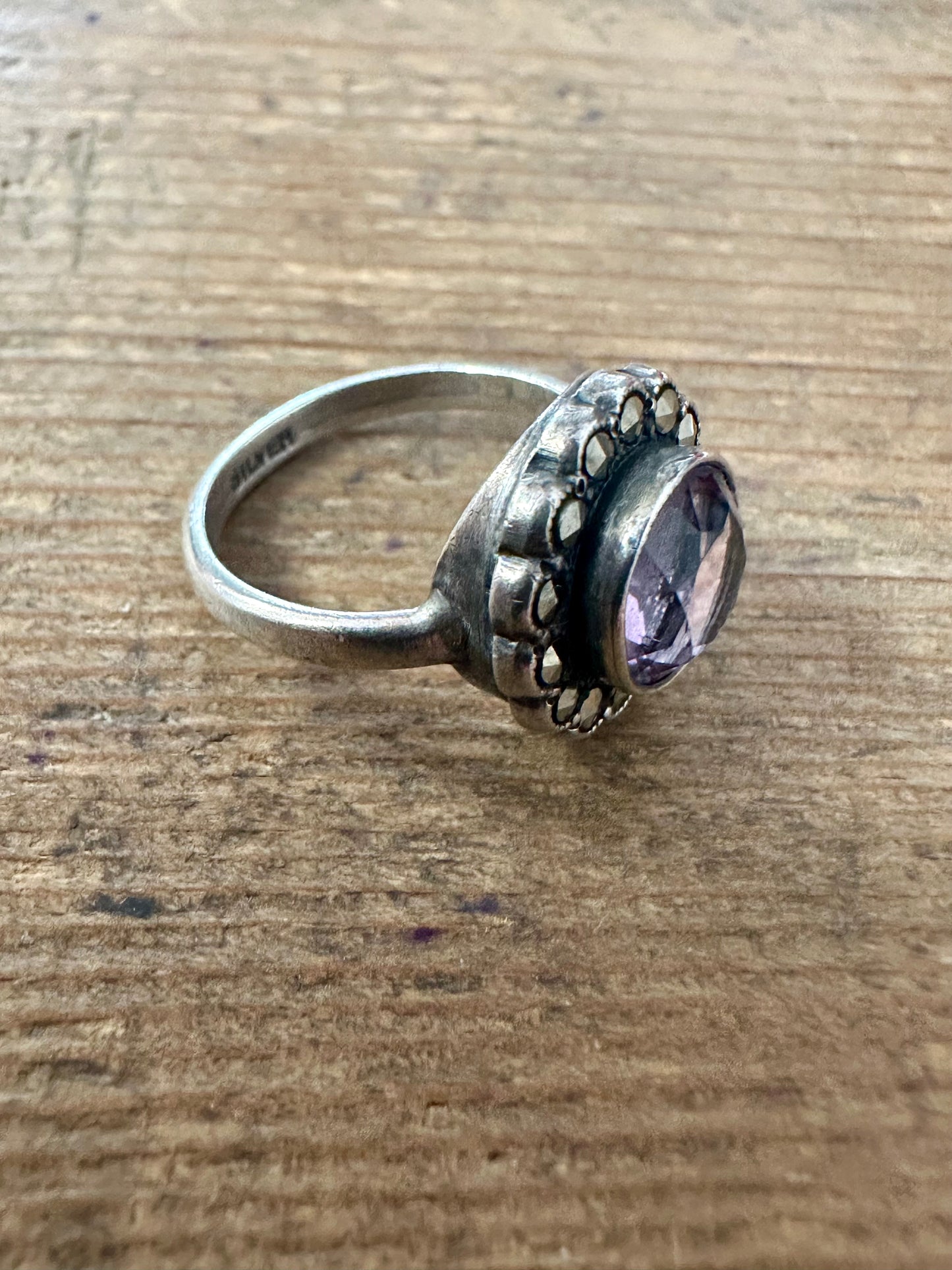 Vintage Amethyst and Marcasite 925 Silver Size L Ring