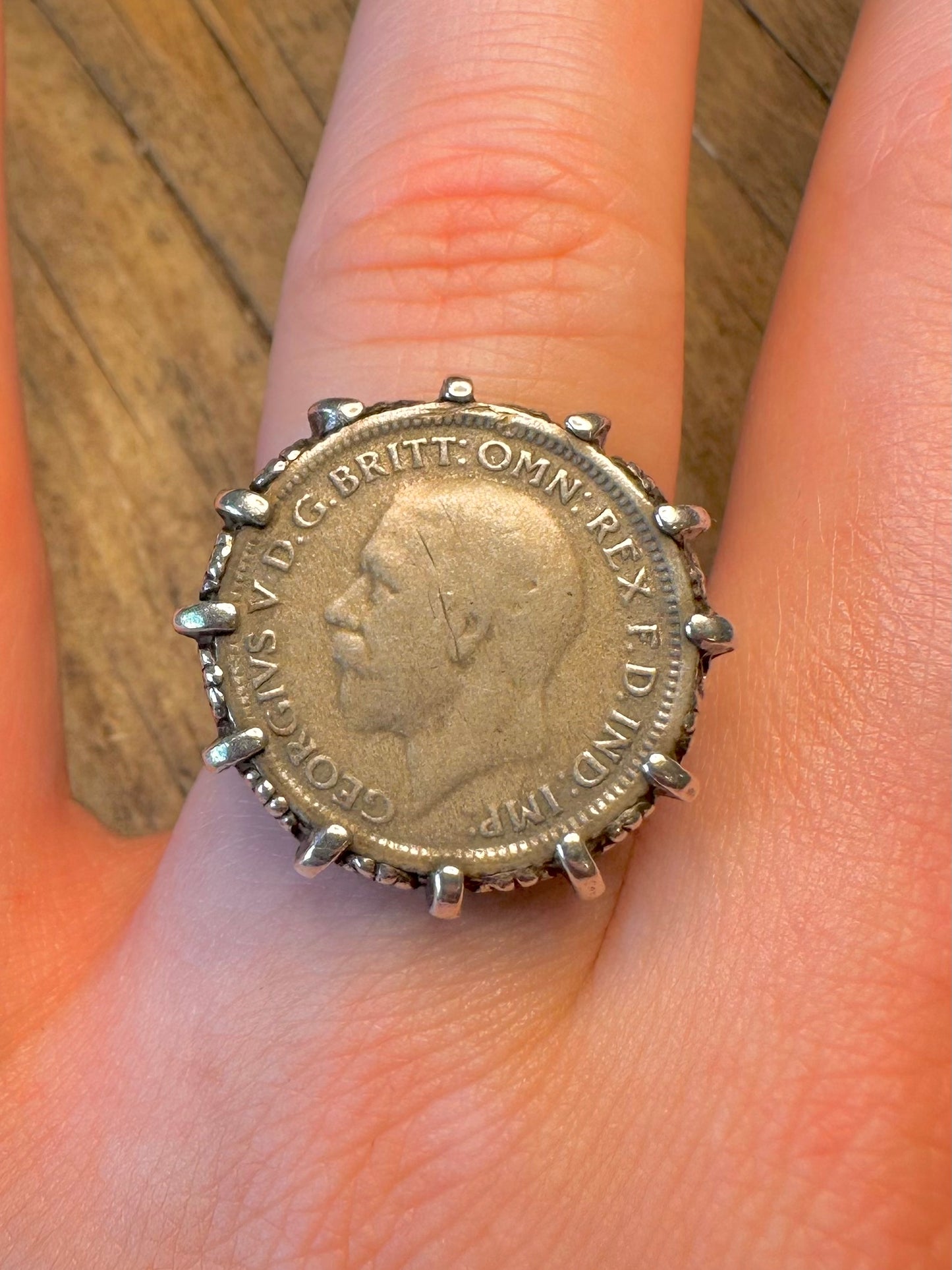 Six Pence 1929 Decorative Mount 925 Sterling Silver Size S Ring
