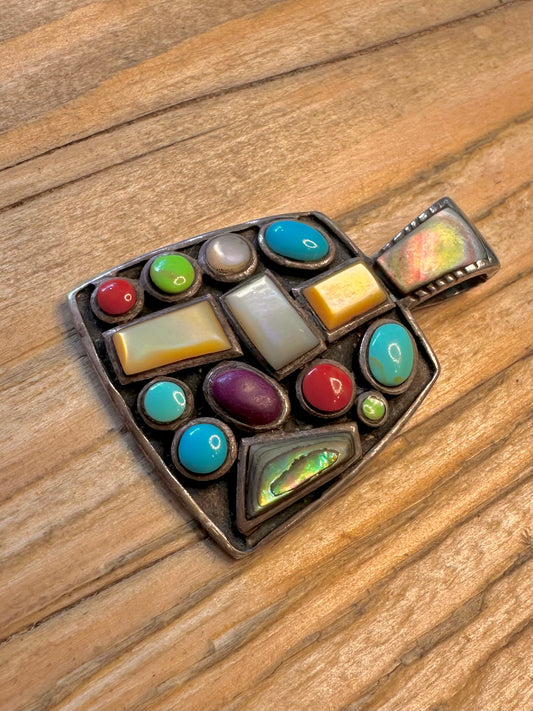 Mosaic Multi Gemstones Stones 925 Sterling Silver Pendant