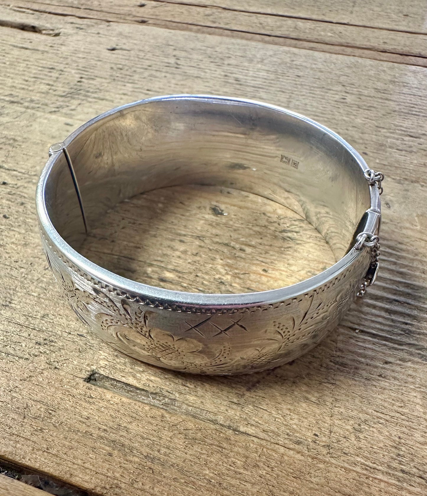 Vintage 1965 Large Engraved Floral with Safety 925 Silver Bangle