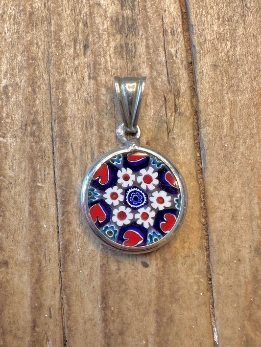 Millefiori Glass Blue Red White Italy 925 Sterling Silver Pendant