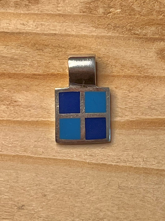 Small Blue Enamel Mosaic Square 925 Sterling Silver Pendant