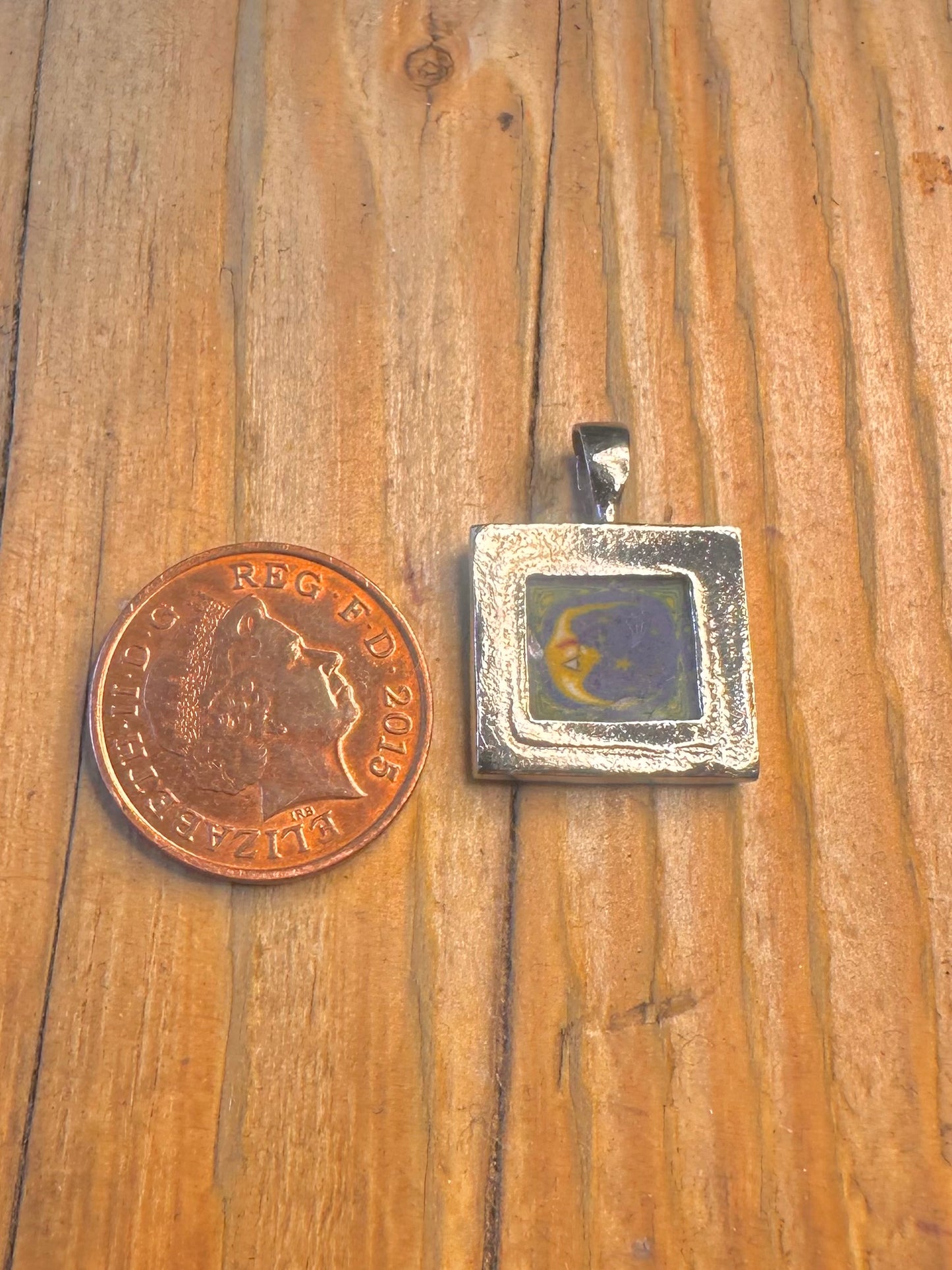 Celestial Square Painted Moon Silver Pendant