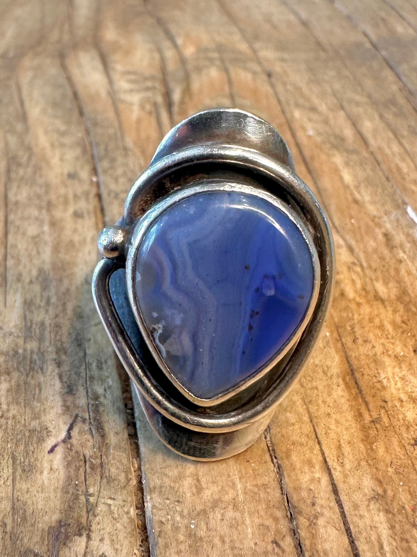 Abstract Teardrop Shaped Blue Laced Agate 925 Sterling Silver Size U1/2 Ring