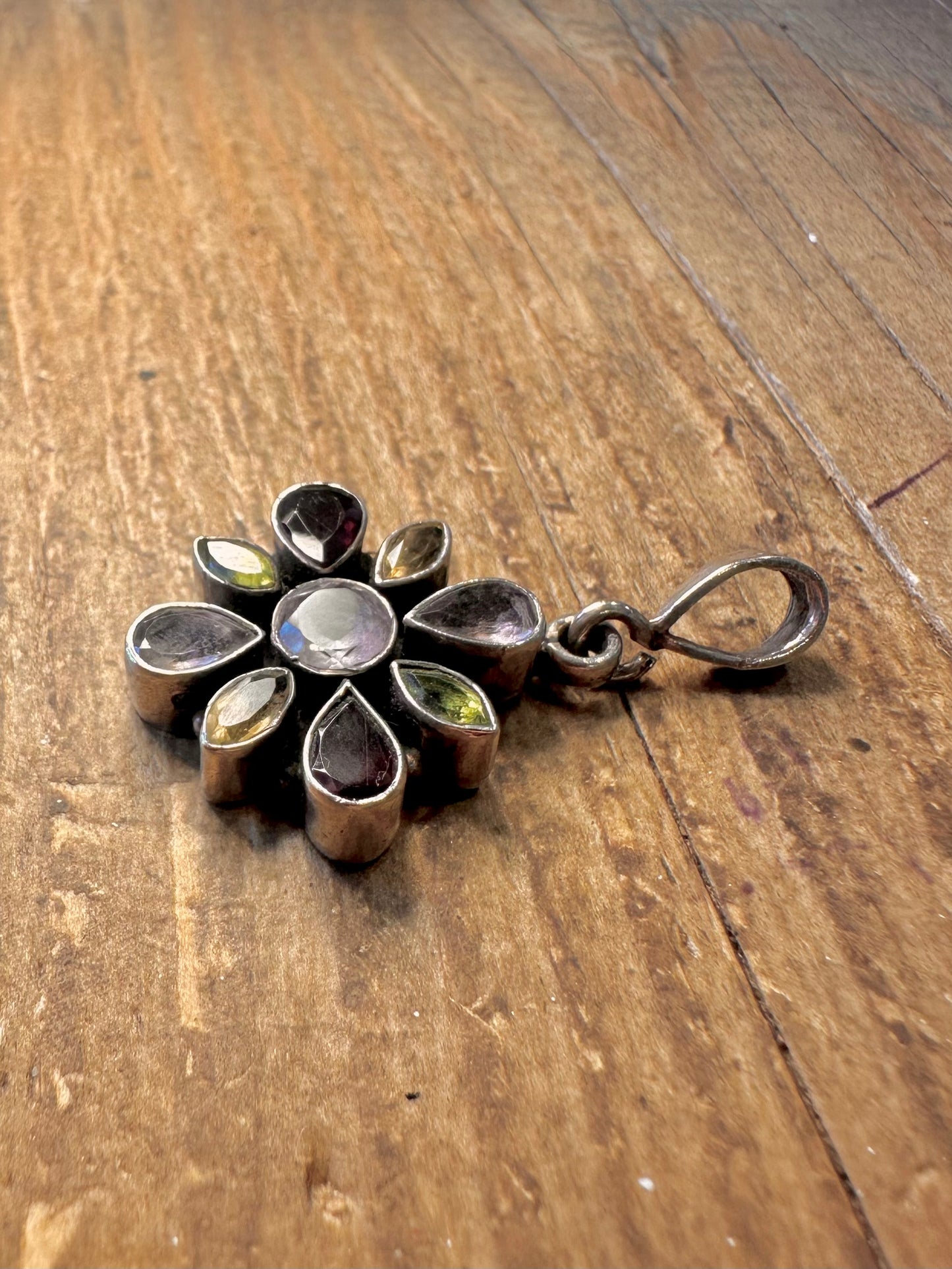 Multi Gemstone Floral 925 Sterling Silver Pendant