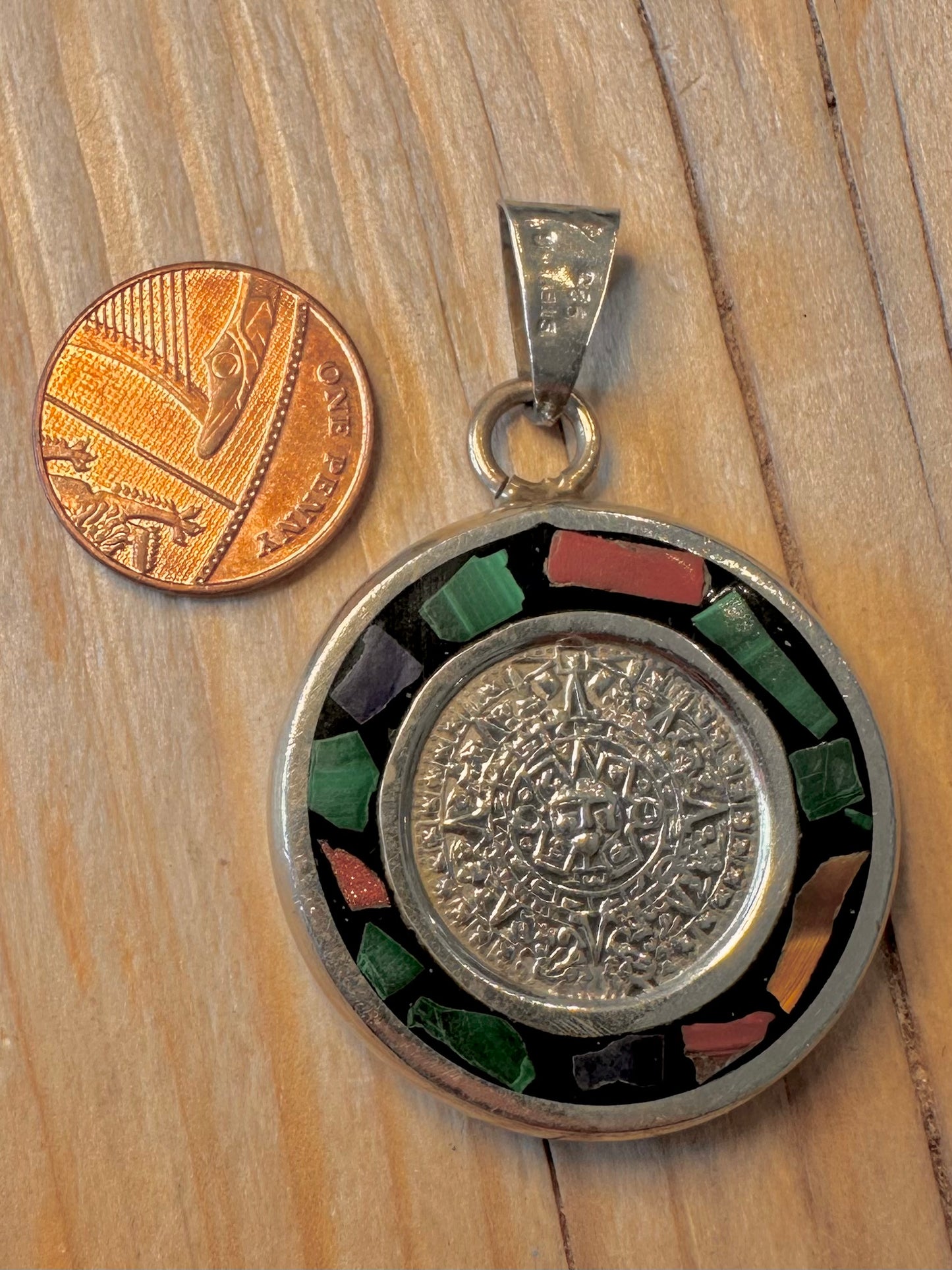 Vintage Aztec Multi Gemstone Calendar 925 Silver Pendant