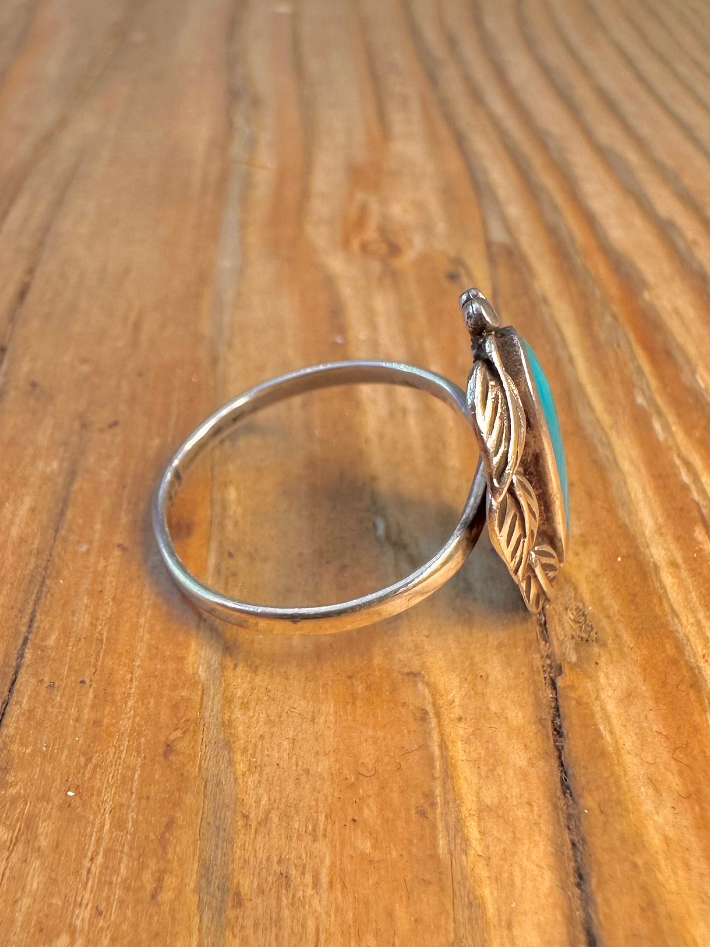 Navajo Style Turquoise Leaf 925 Sterling Silver Size N Ring