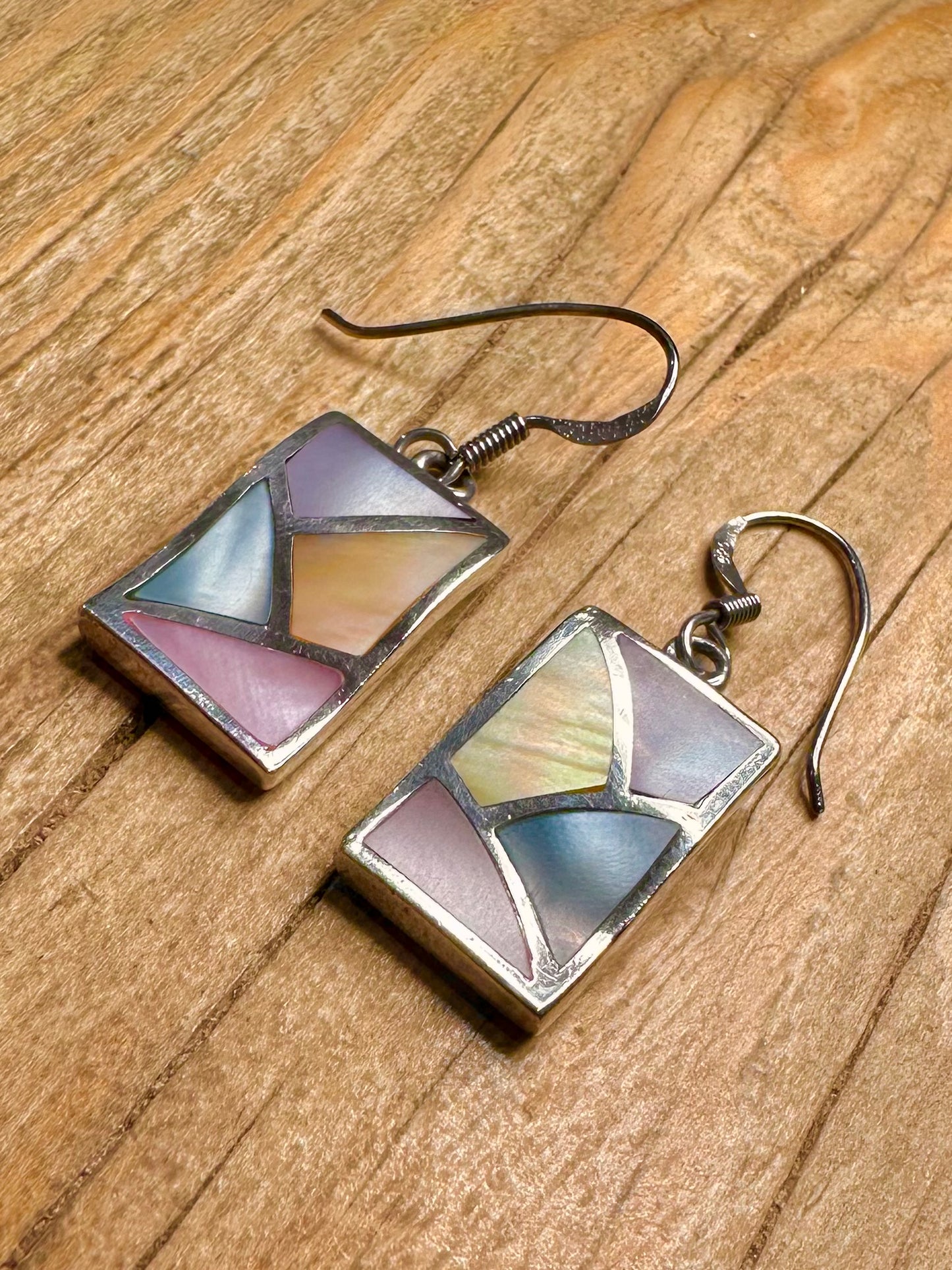 Modernist Multi Coloured Mother of Pearl Wavy 925 Sterling Silver Earrings