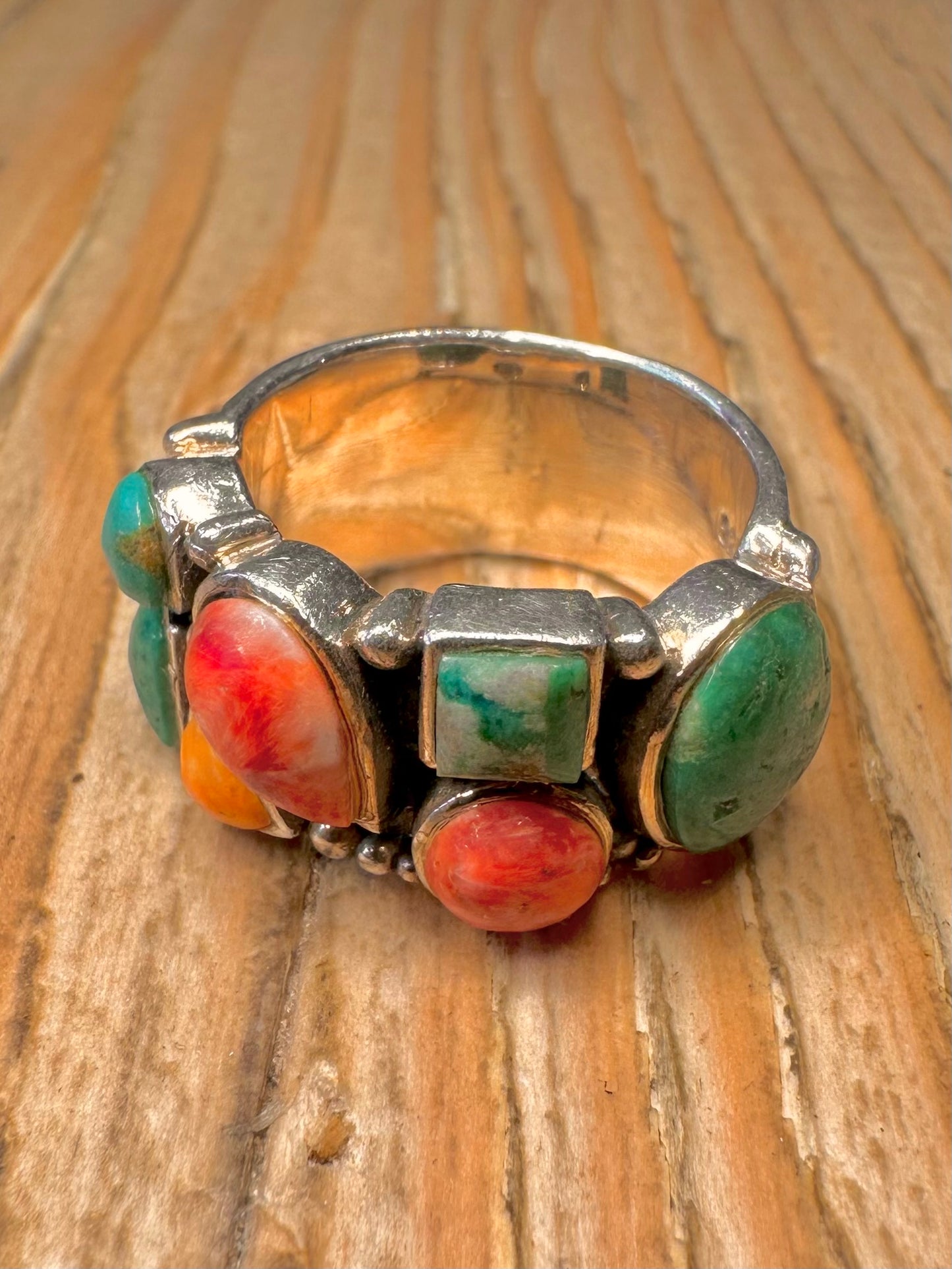 Vintage Multi Gemstone Navajo Style Band 925 Sterling Silver N Ring