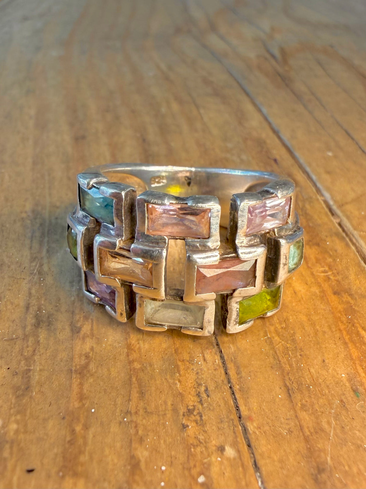 Chunky Multi Coloured Gemstone 925 Sterling Silver Size R Ring