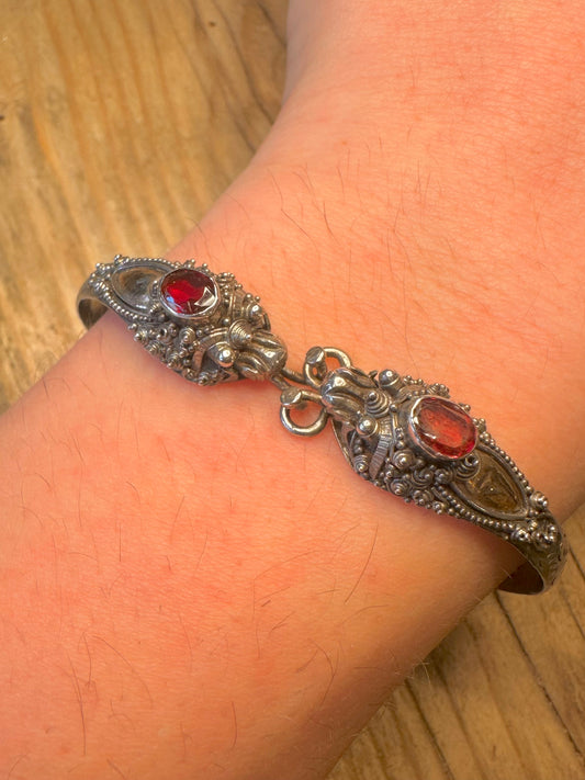Vintage Dragon Filigree Red Stone and Gold Plate 925 Sterling Silver Bangle