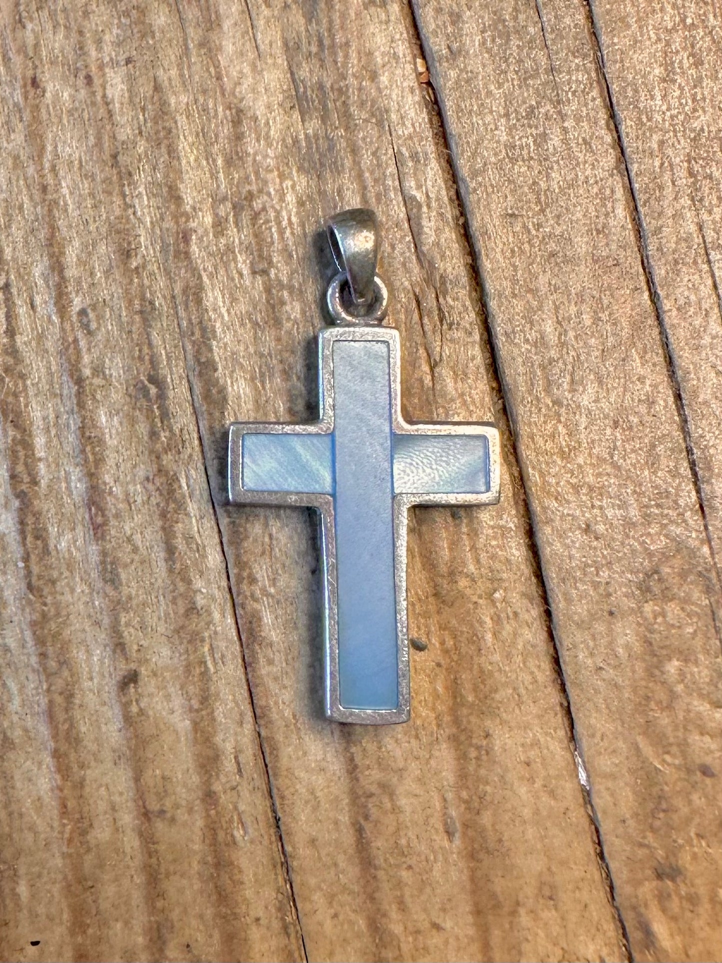 Blue Mother of Pearl Cross 925 Sterling Silver Pendant