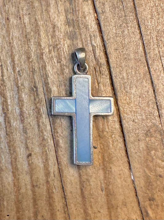 Blaues Perlmutt-Kreuz 925 Sterling Silber Anhänger