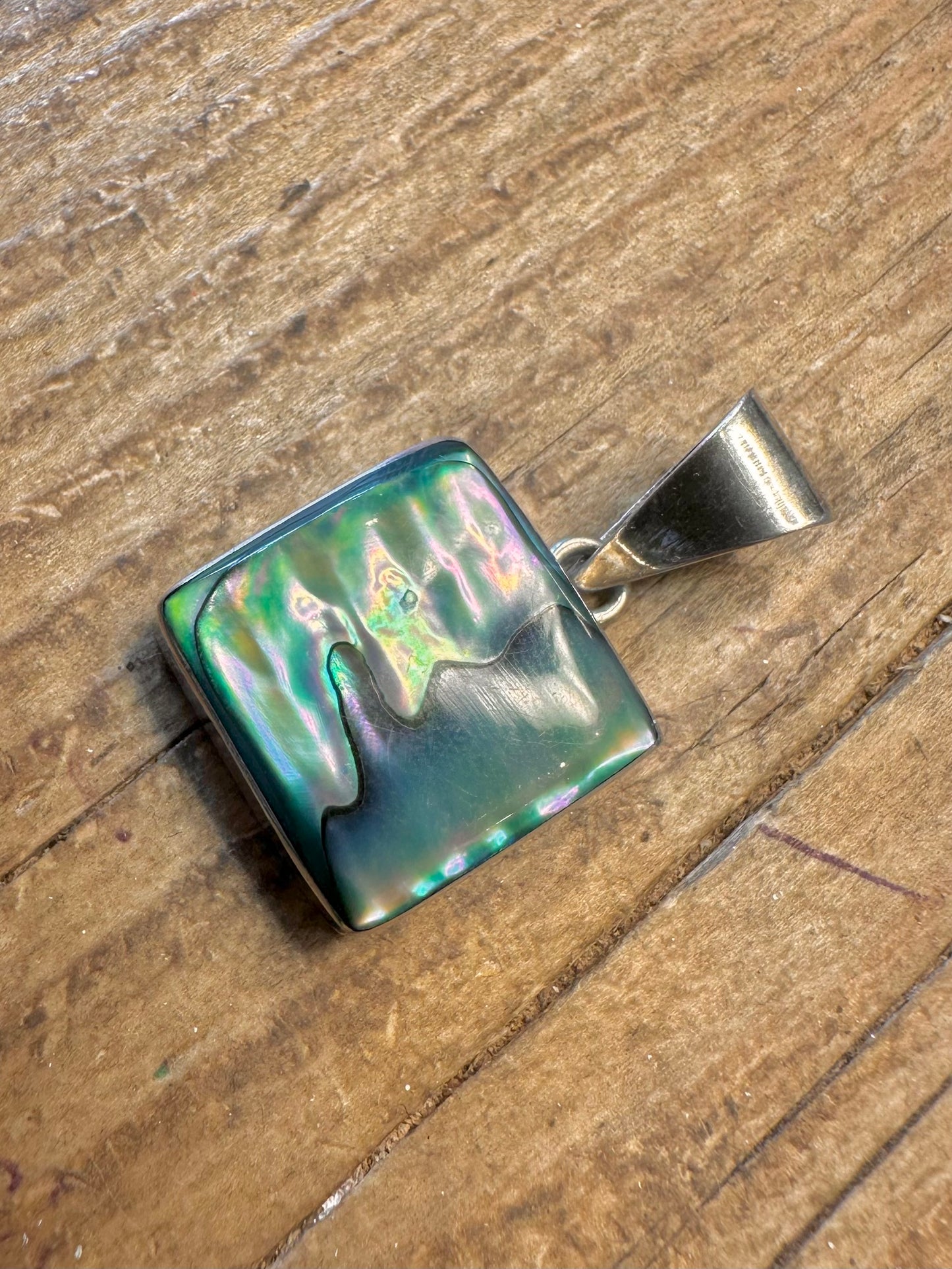 Iridescent Abalone Square Silver Mexico Pendant