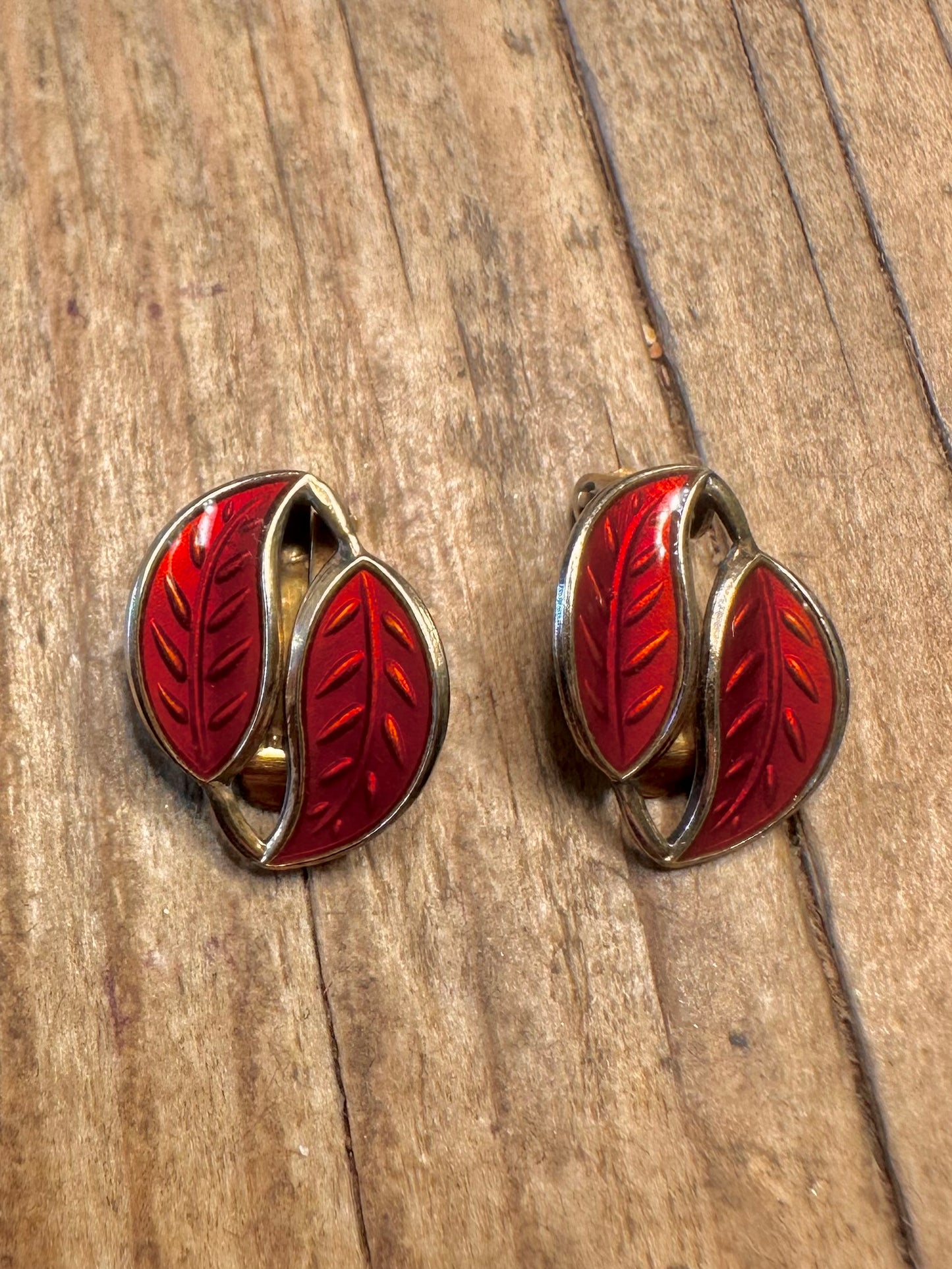 David Anderson Norwegian Red Guilloche Enamel Clip On 925 Sterling Silver Earrings