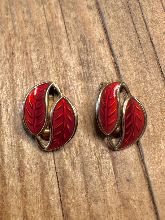 David Anderson Norwegian Red Guilloche Enamel Clip On 925 Sterling Silver Earrings