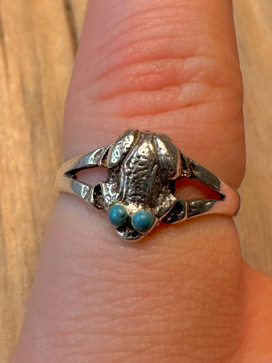 Vintage Frog Blue Eyes 925 Silver Size L Ring