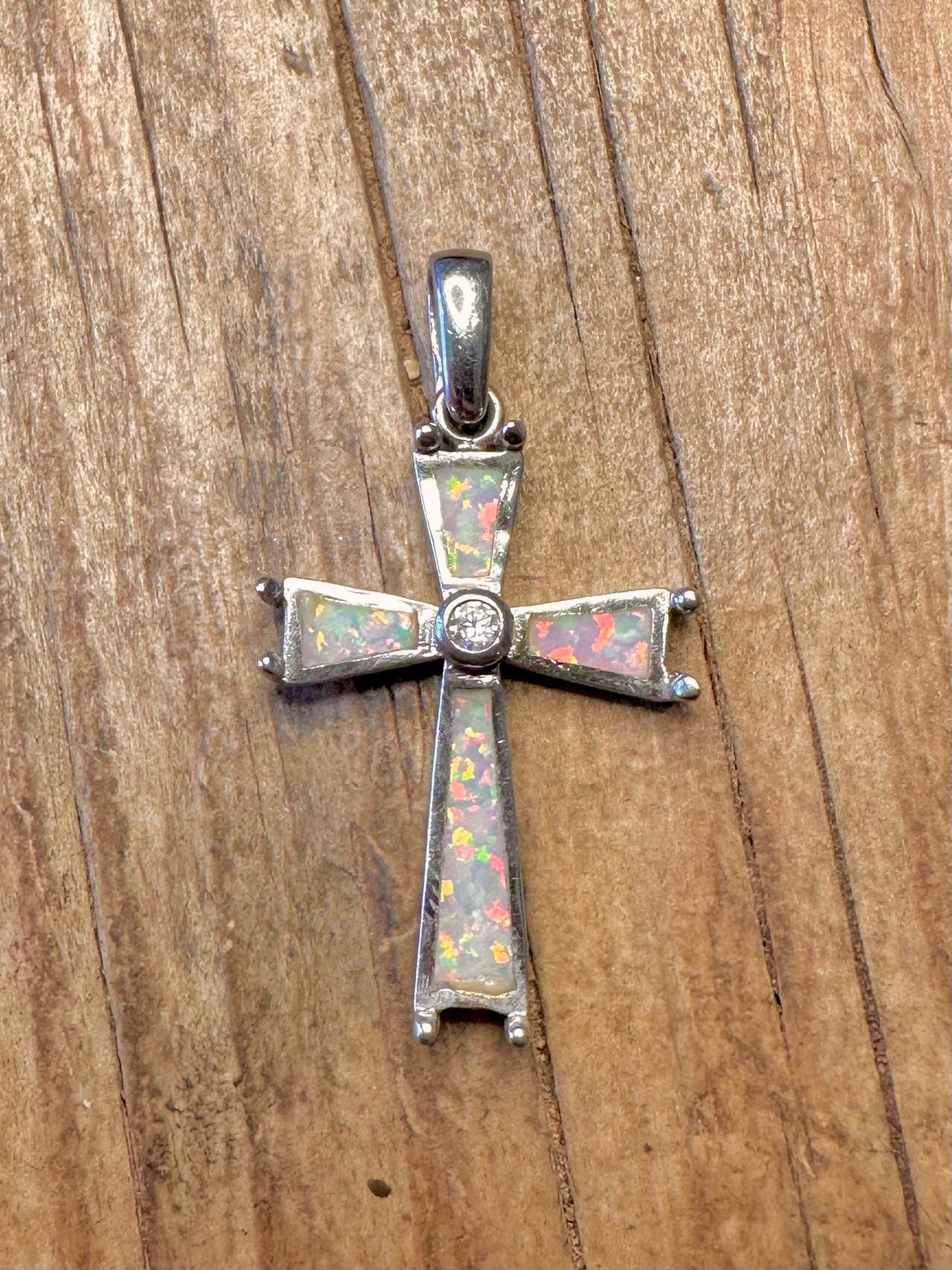 Opal and White Stone Cross 925 Sterling Silver Pendant