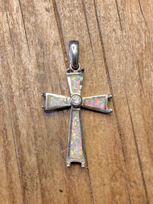 Opal- und weißer Stein Kreuz 925 Sterling Silber Anhänger