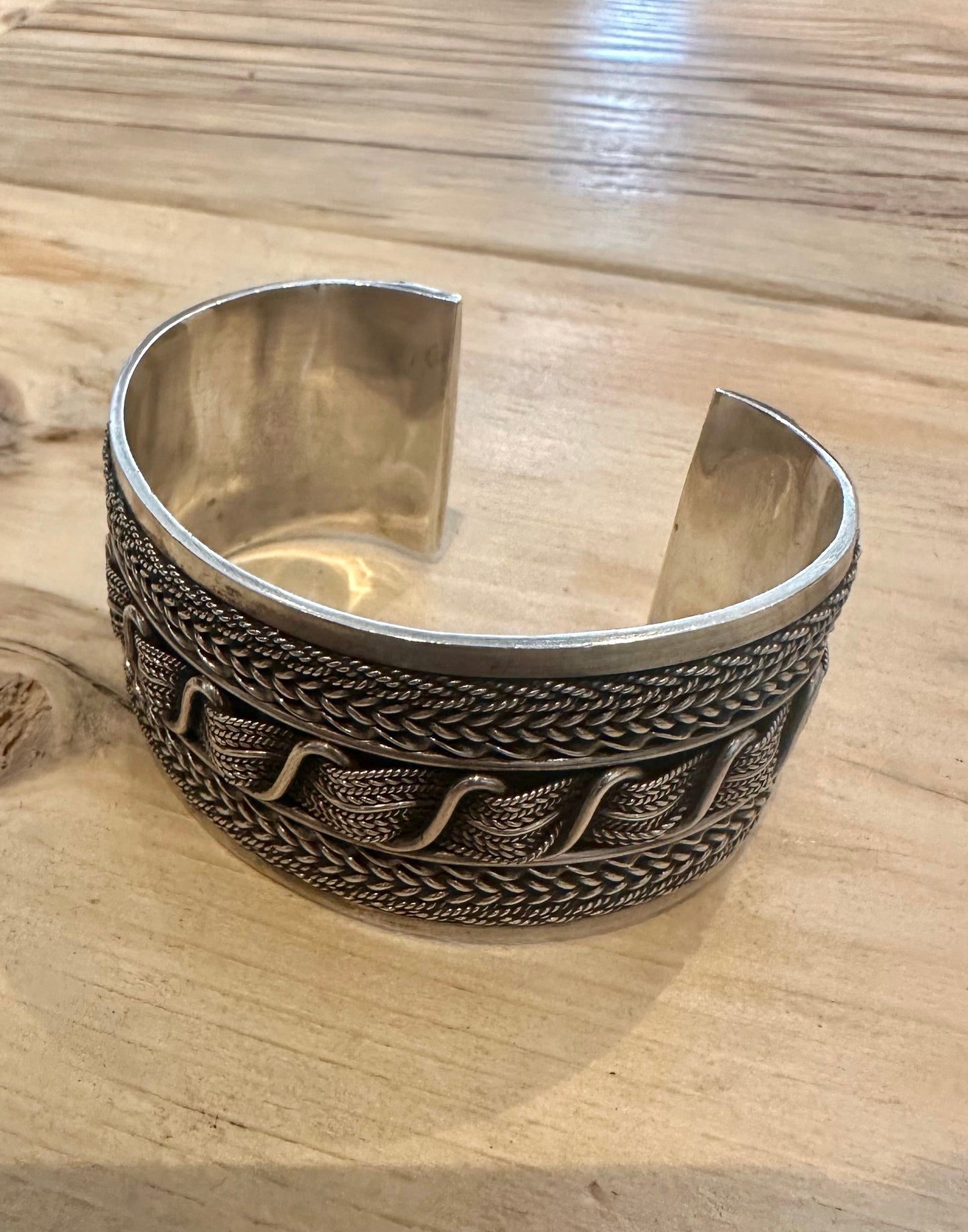 Vintage Large Tribal Woven Braided 925 Silver Cuff Bangle