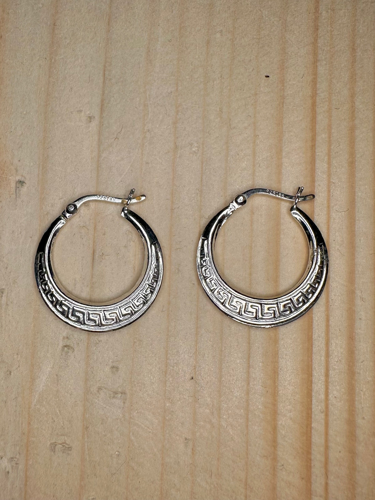 Engraved Greek Hoop 925 Sterling Silver Earrings