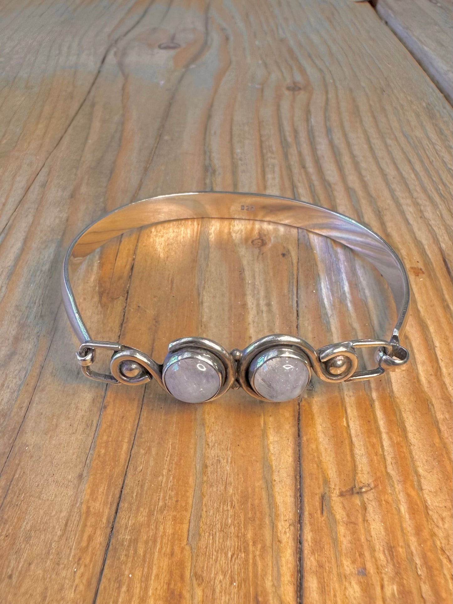 Two Moonstone Swirl Front Clasp 925 Sterling Silver Bangle