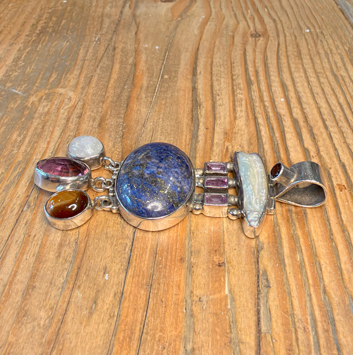 Large Multi Gemstone Lapis Mother of Pearl Moonstone Tigers Eye 925 Sterling Silver Pendant