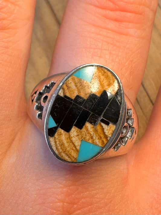 Vintage Native American Mosaic Inlay Signet 925 Sterling Silver Maker SS Size Z+3 1/2 Ring
