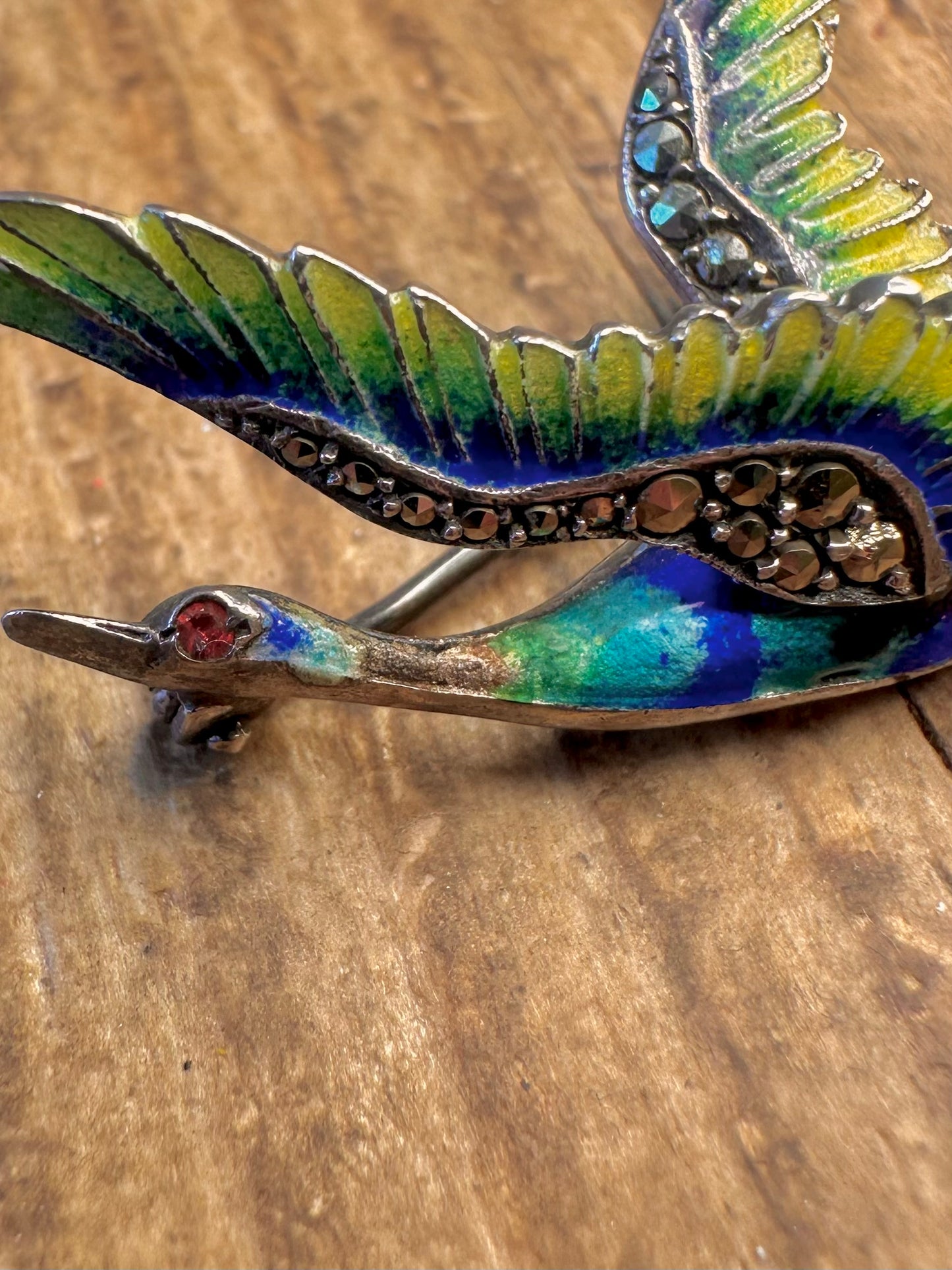 Enamel and Marcasite Flying Bird 925 Silver Brooch