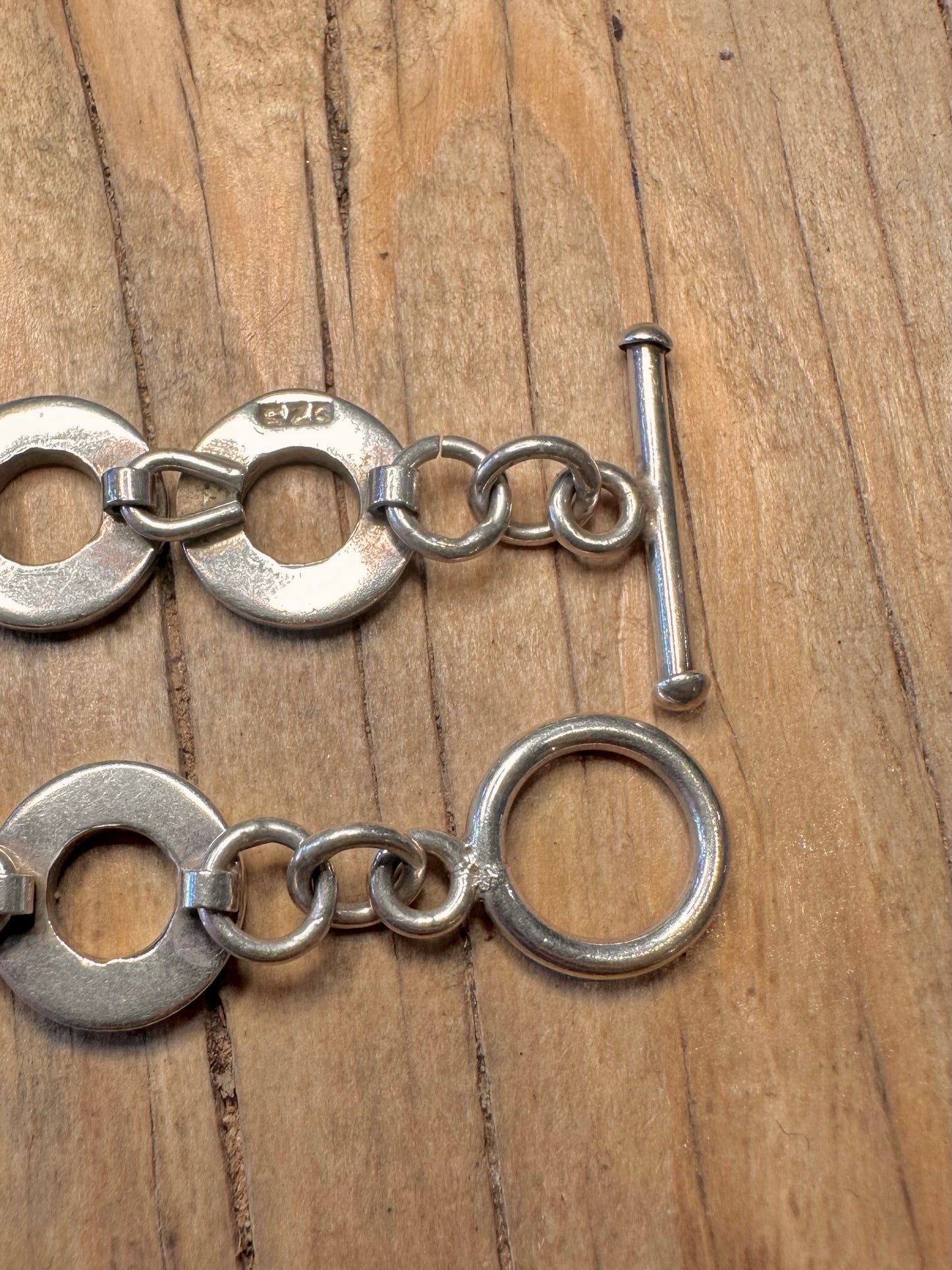 Abstract Heavy Circle Link T Bar 925 Sterling Silver 7.4 inch Bracelet