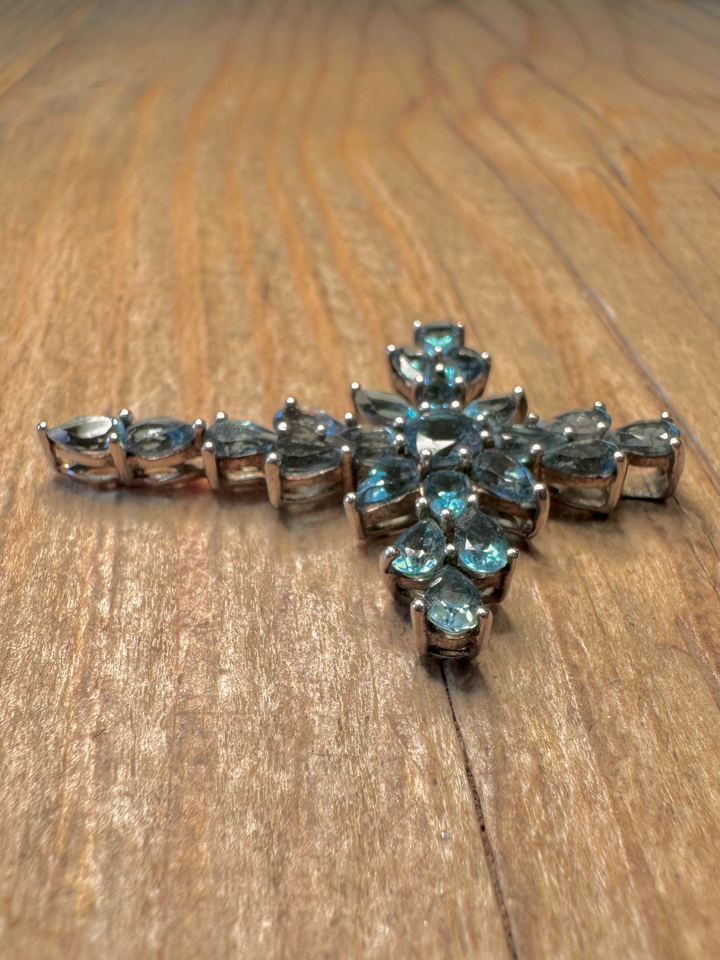 Vintage Blautopas Kreuz 925 Sterling Silber Anhänger